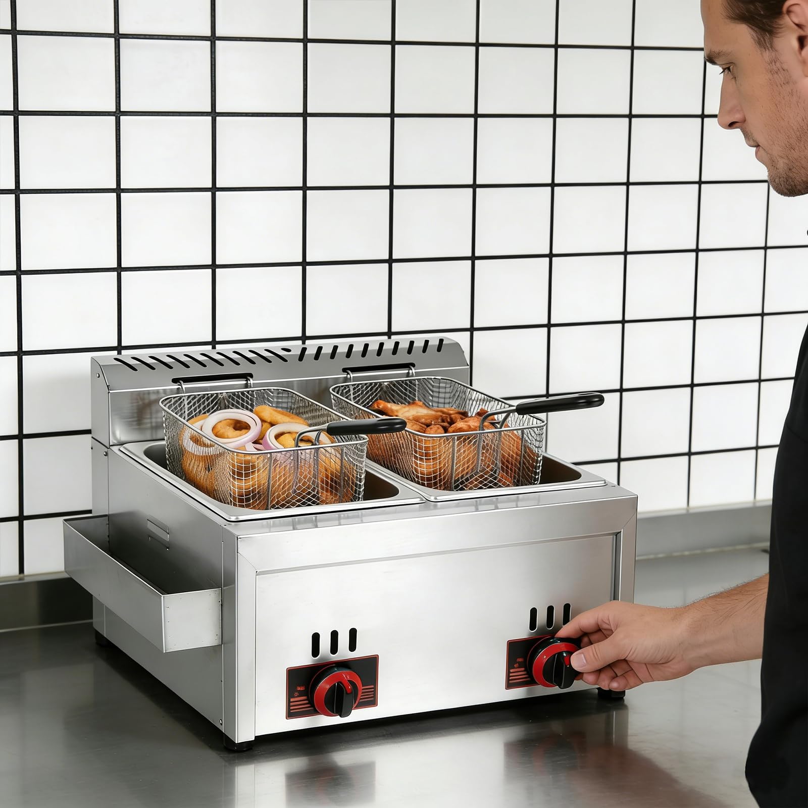 Friggitrice a Gas Commerciale, Doppia Friggitrice a Gas 6L+6L con 2 Cestelli e 2 Coperchi, Temperatura Regolabile, Riscaldamento Rapido per Uso Commerciale e Domestico, Ristoranti e Snack Bar