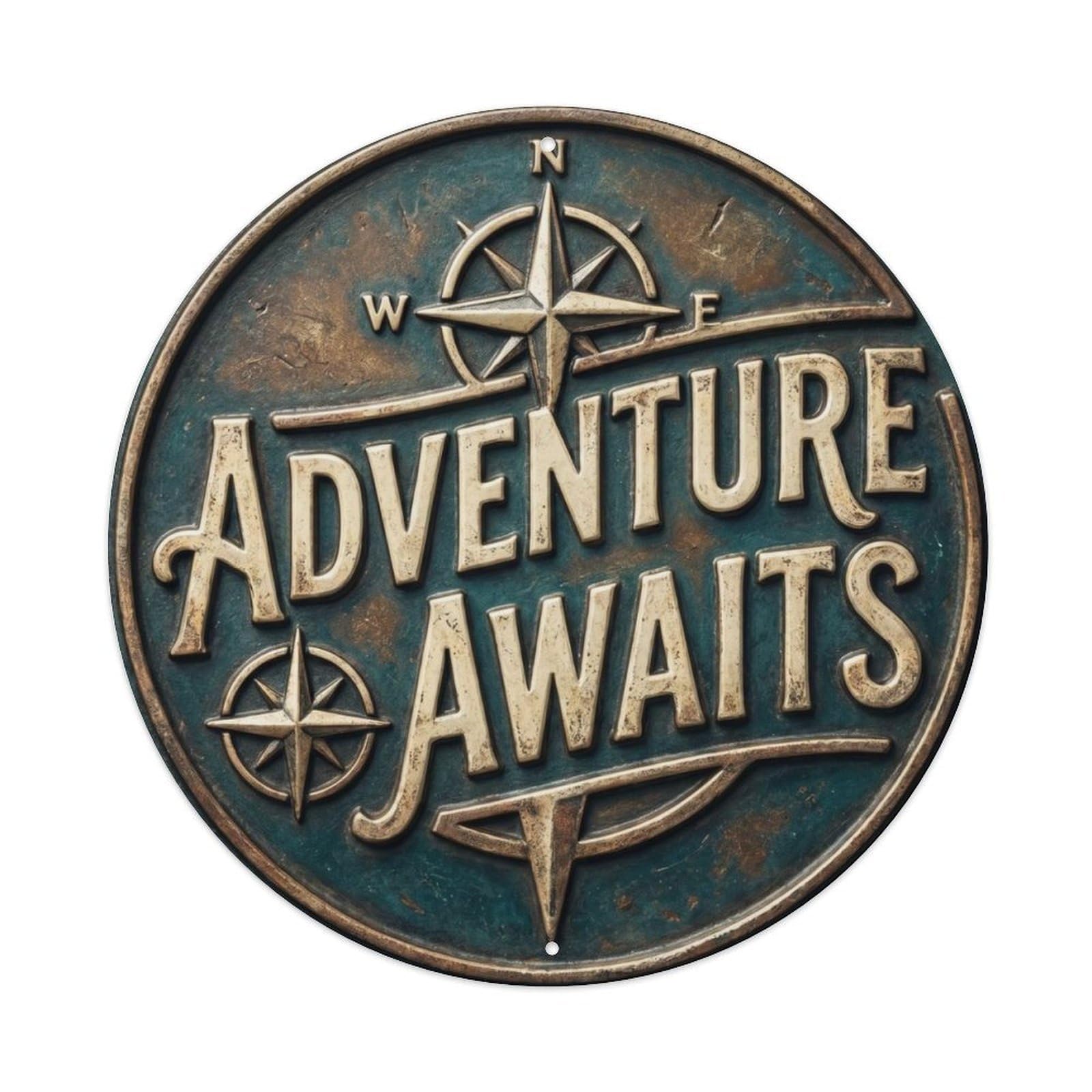 Fqcyn Style Adventure Awaits Classic Bedroom Display Retro Slogans Metal Tin Sign Plaque Wall Decor For Cafe, Club Bar, Office, Home Garden Round Metal Poster 8X8inch