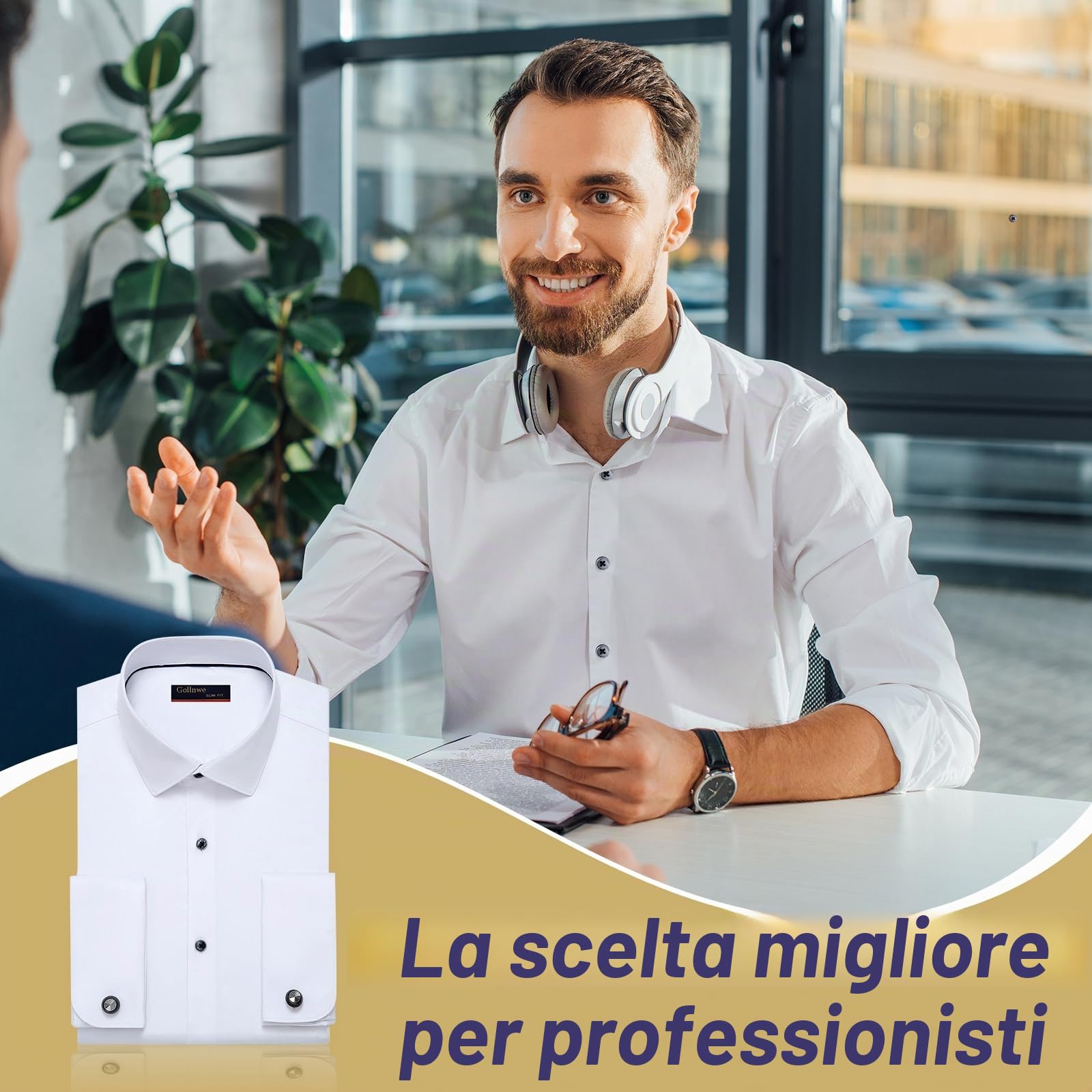 Gollnwe Men's French Cuff Dress Shirt Slim Fit Stretch Solid Long Sleeve Shirts Bussiness Formal