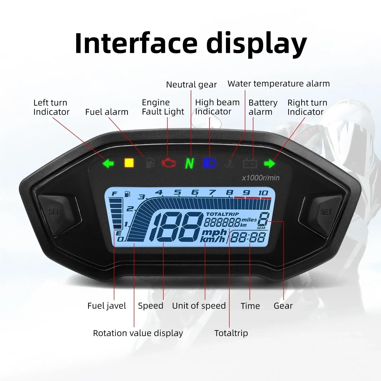 Motocicleta Velocímetro Motocicleta Tacómetro Velocímetro Digital para Motocicleta, tacómetro y odómetro con Pantalla LCD de 10000 RPM, Compatible con 1, 2 y 4 Cilindros.