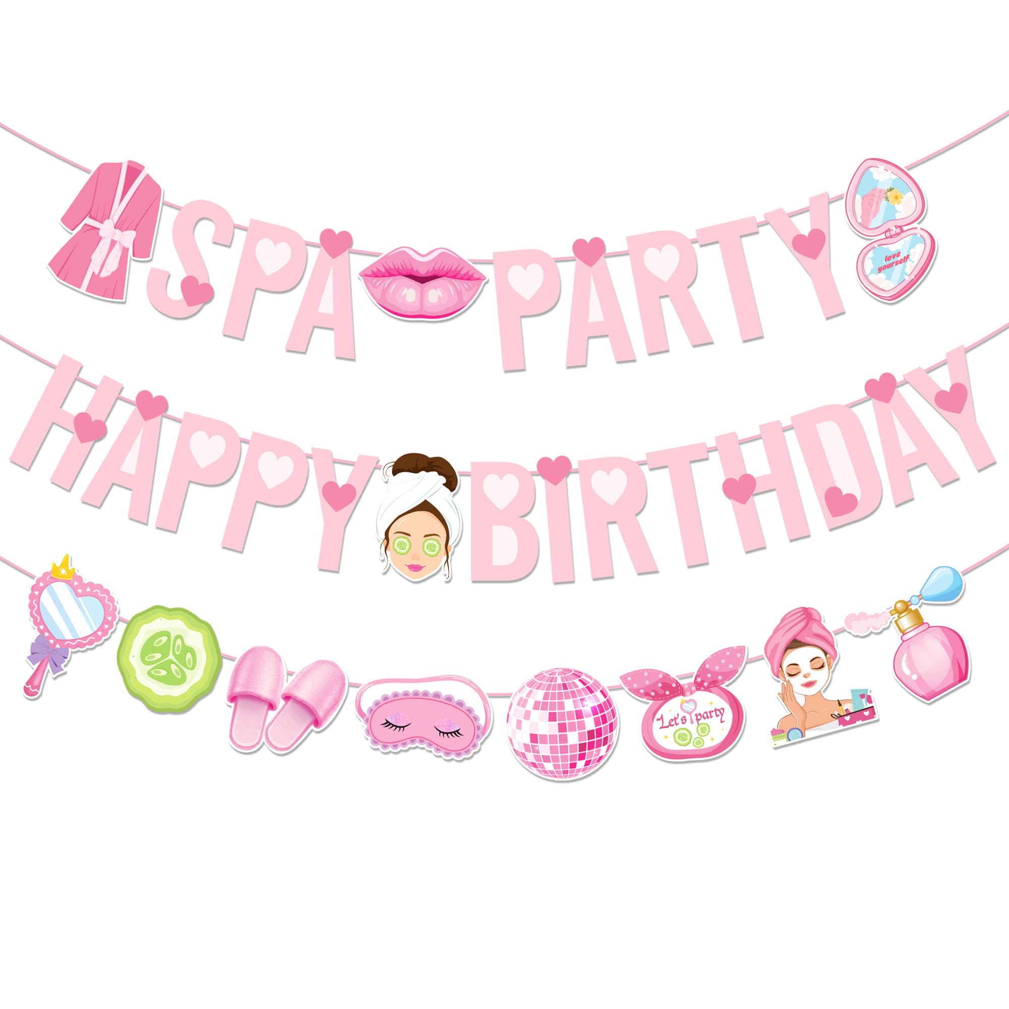 CC HOME 3Pcs Makeup SPA Happy Birthday Banner Skin Care Cucumber Party Hanging Banner Cosmetic Theme Birthday Bridal Wedding Baby Shower Boys Girls Kids Home Classroom Party Supplies Decoration