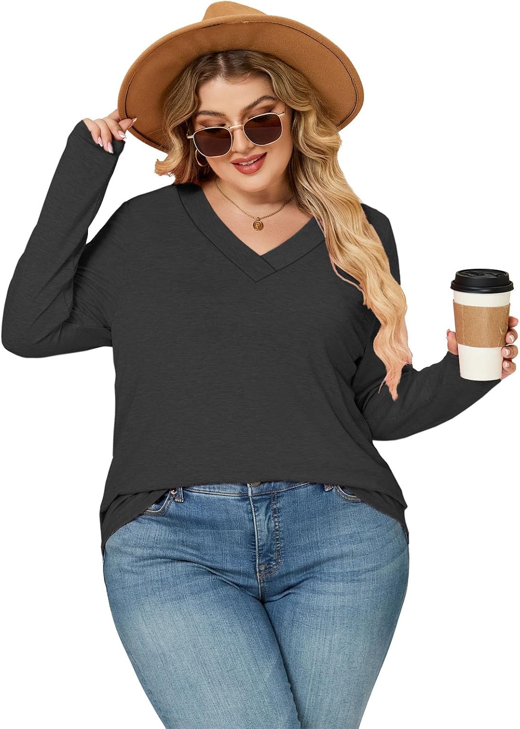 VISLILY Plus-Size-Tops for Women Trendy V Neck T Shirts Casual Long Sleeve Dressy Cute Blouses Loose Fit Tunics Tees XL-5XL - Image 5
