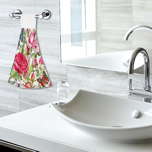 Miniatura 5 de Kitchen Towels with Hanging Loop, Soft Quick Dry Kids Kitchen Rags, 18.2 x 14 Inch, Set of 2, Botanical Roses Butterflies Retro