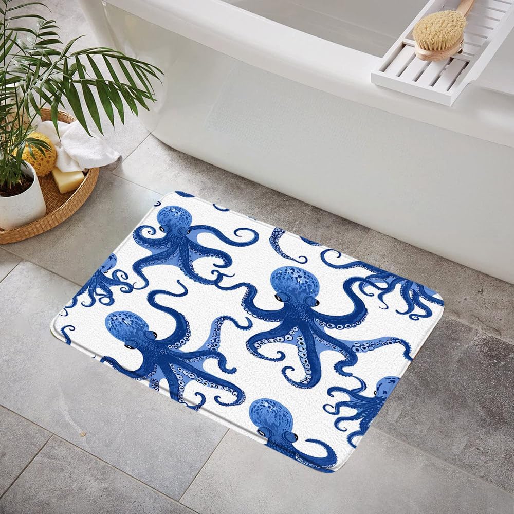 Blue Octopus Bath Mat Nautical Ocean Kraken Tentacles Watercolor Marine Life White Minimalist Memory Foam Bathroom Kitchen Rug 3 Piece Sets,15.7"x23.6"+17.8"x29.5"+U Shaped Toilet Mat