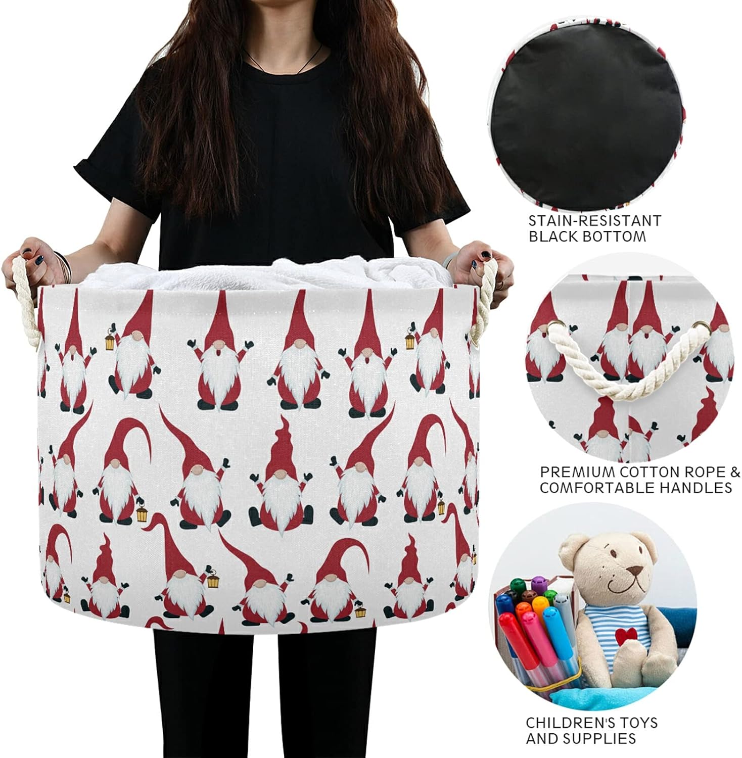 Christmas Large Storage Basket Christmas Gnomes for Toys Clothes Storage Bin Box Laundry Hamper Organizer Bag with Handles