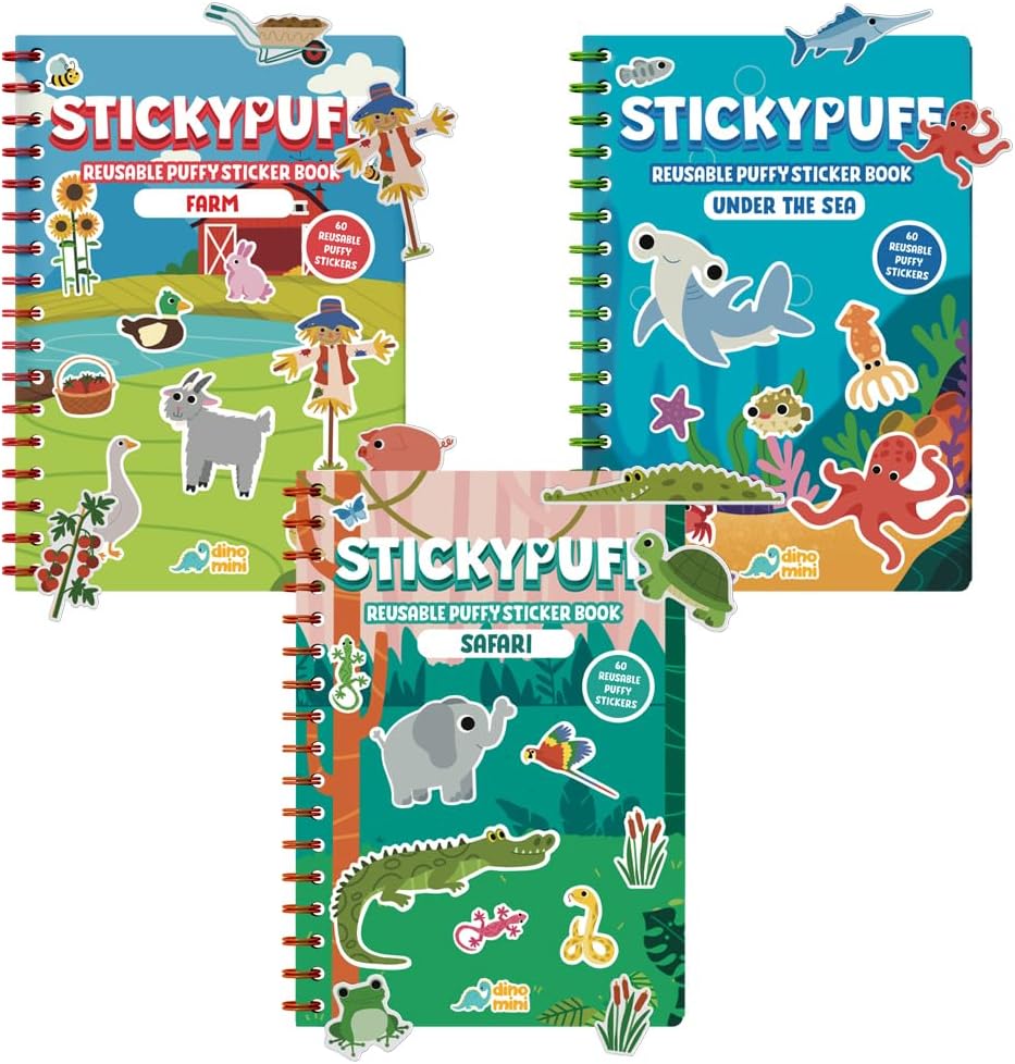 Stickypuff Value Pack - 3 Reusable Puffy Sticker Book for Toddlers - Puffy Stickers for Toddlers - Travel Activities for Kids Ages 4-8 - Screen Free Birthday Gifts (Animals)