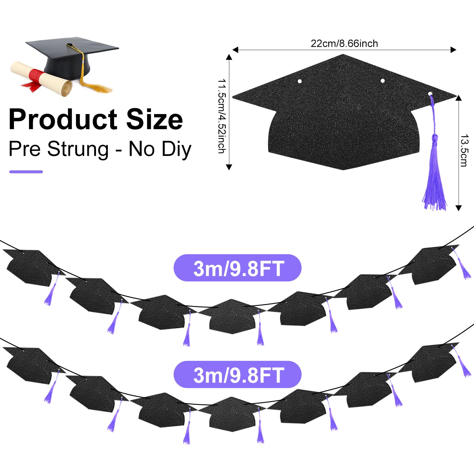 Class Of 2025 Graduation Decorations - Black Glitter Graduation Cap Banner 14 Pcs