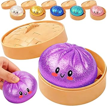 Dumpling Squeeze Toy, New Cute Glitter Dumpling Stress Squishy Ball with Plastic Steamer Box, Viral Squishy Fidget Toy, Sensory Anxiety Relief Toy for Kids & Adults Ages 3+Glitter Purple