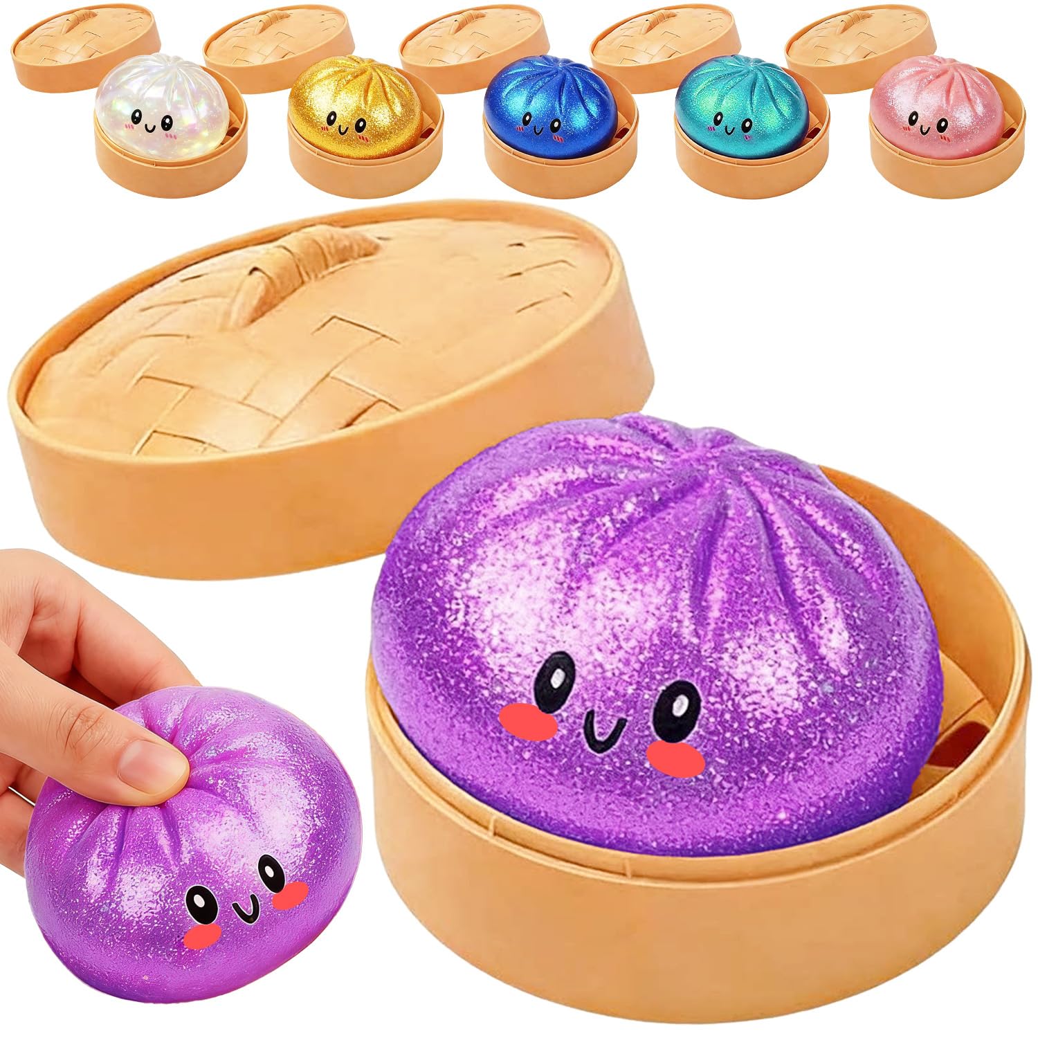 Dumpling Squishy Toy, New Cute Glitter Dumpling Squishy Ball with Plastic Steamer Box, Giant Mystery Dumpling Squishy, Sensory Anxiety Relief Squeeze Toy for Kids & Adults Ages 3+ (Purple)