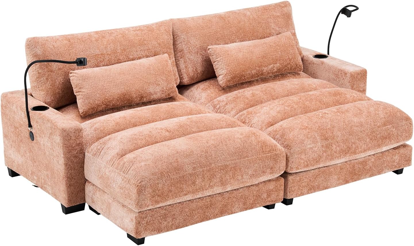KIVENJAJA Oversized Double Chaise Lounge Sofa, Chenille Tufted Comfy Sleeper Loveseat Couch with Cup Holds, Phone Holders & USB Port for Living Room Apartment Reading Nook, 90.54”W, Light Orange
