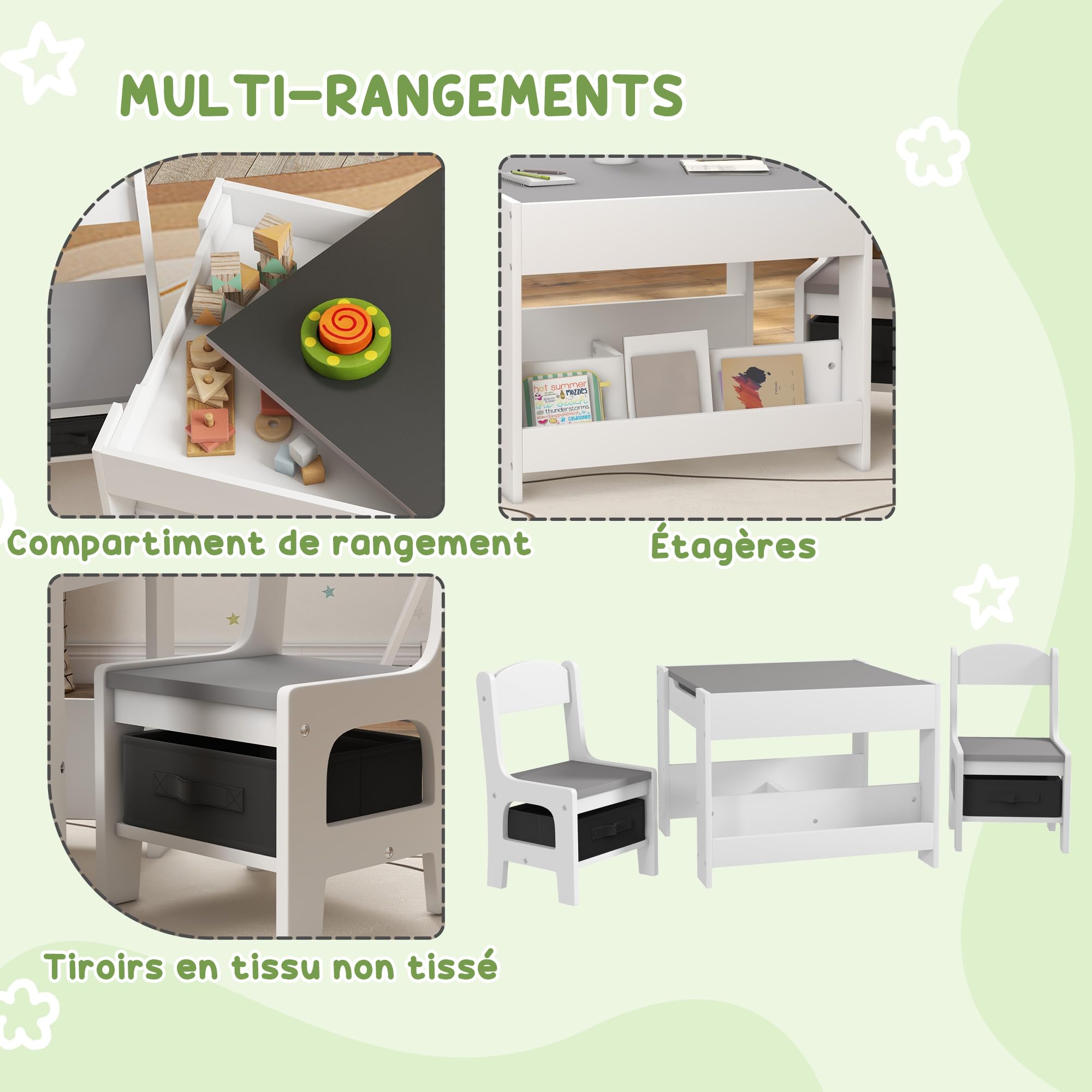 HOMCOM Ensemble 3 pièces Table et 2 chaises pour Enfant avec Plateau Table réversible Tableau Noir, Panier de Rangement, étagères Gris
