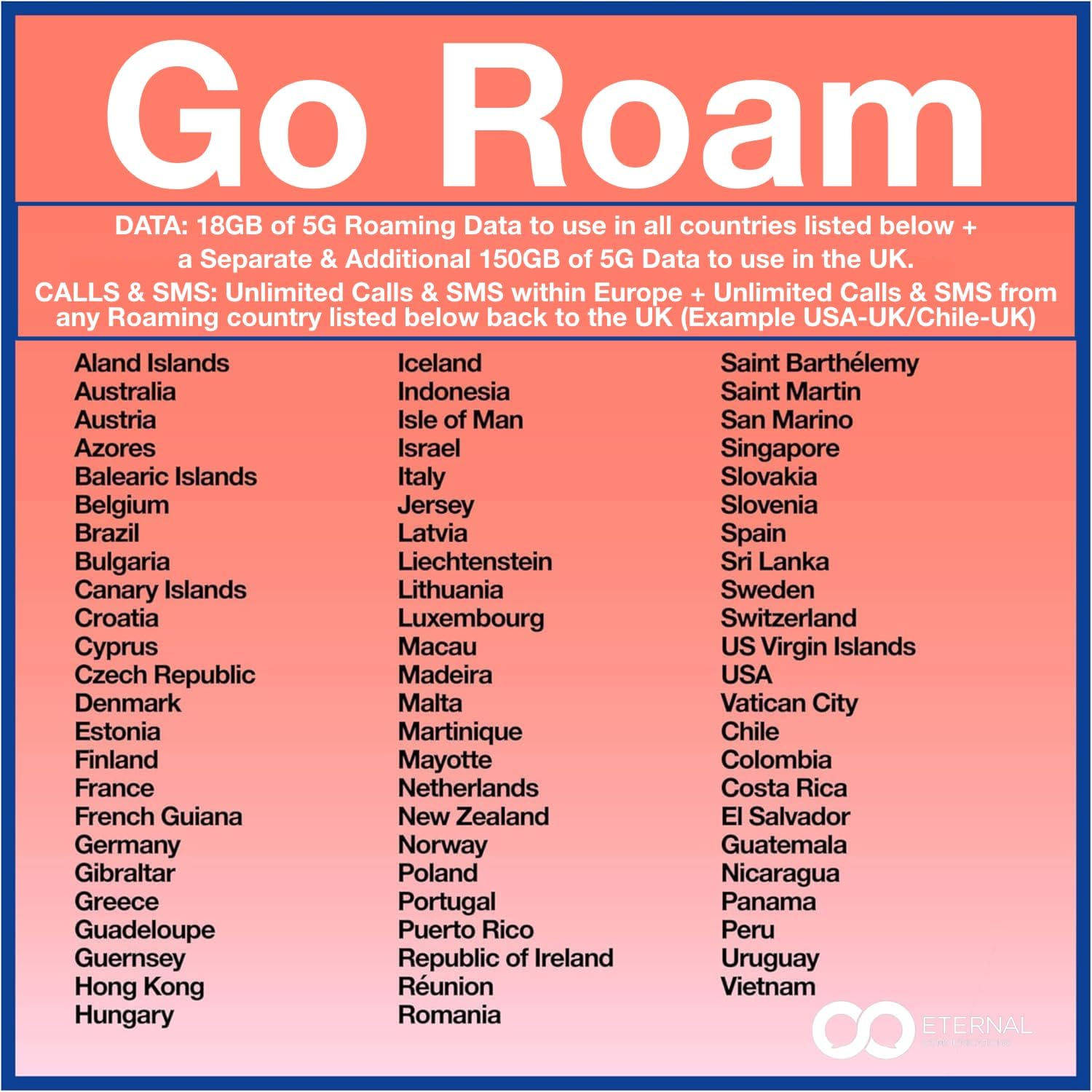 Prepaid Travel Sim Card with 18GB of 5G Data for use in 70+ Countries Worldwide + Unlimited Calls & SMS in EU + Tethering + 150GB Bonus Data in UK (Valid 30 Days)