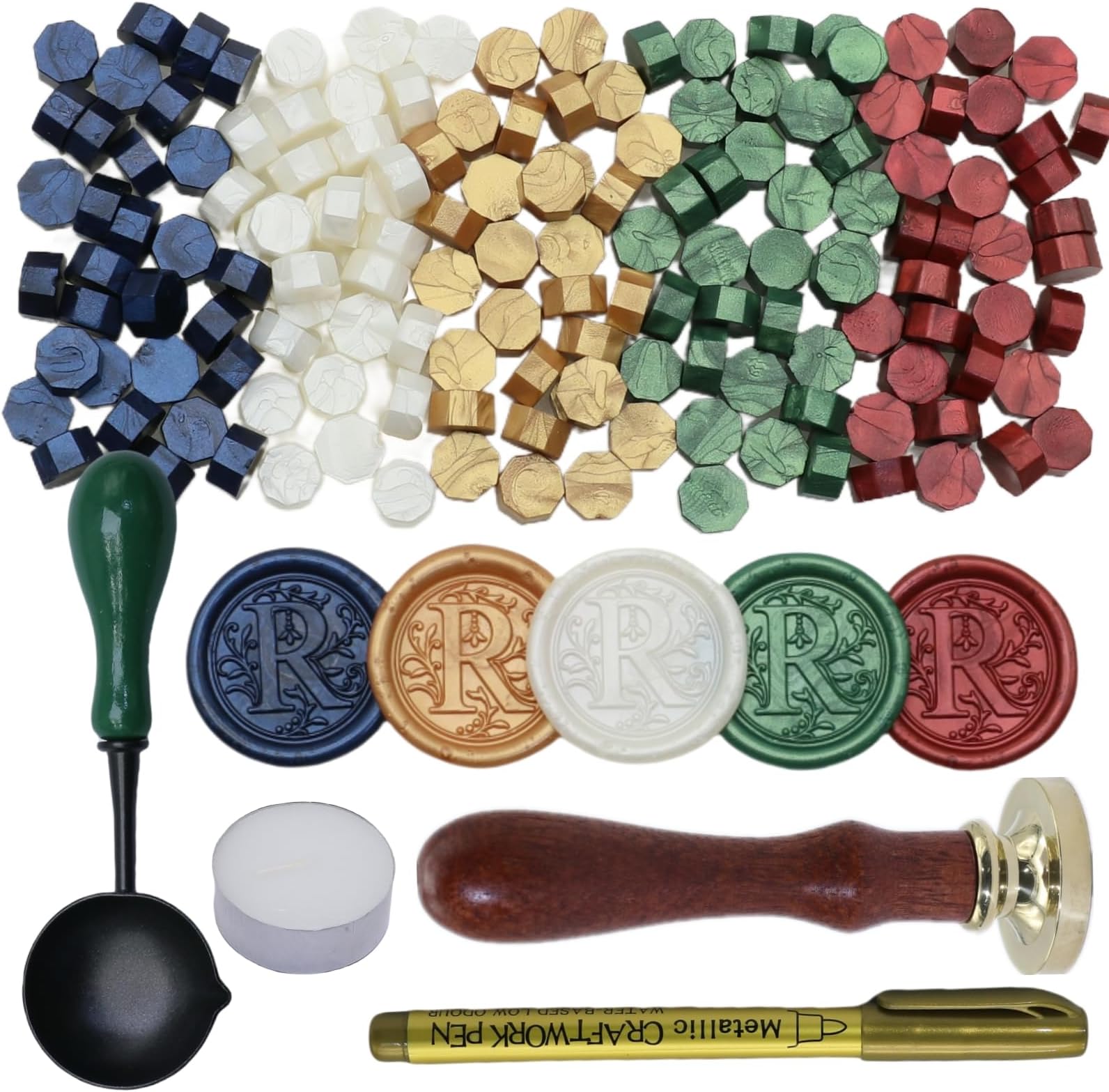 Initial Alphabet Wax Seal Stamp Kit, Retro Letter R Sealing Stamp with 150Pcs Sealing Wax Beads Spoon Pen Set for Wedding Invitations Cards Envelopes (R)
