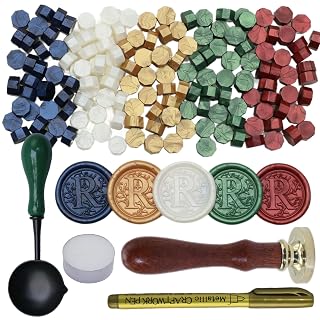 Initial Alphabet Wax Seal Stamp Kit, Retro Letter R Sealing Stamp with 150Pcs Sealing Wax Beads Spoon Pen Set for Wedding Invitations Cards Envelopes (R) - Amazon product rated Grade A