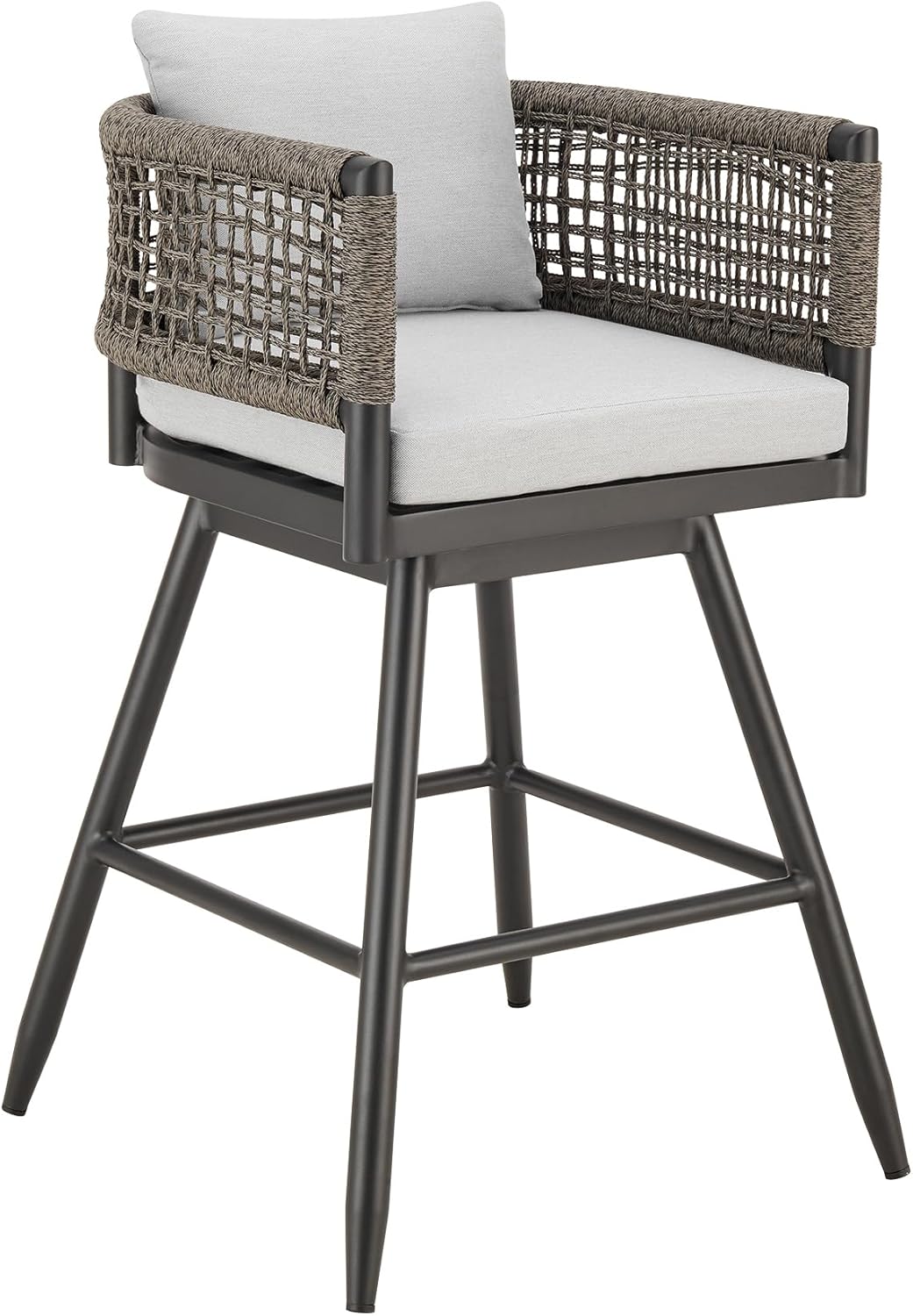 Armen Living Alegria Outdoor Patio Swivel Counter Stool in Aluminum with Gray Rope and Light Gray Cushions