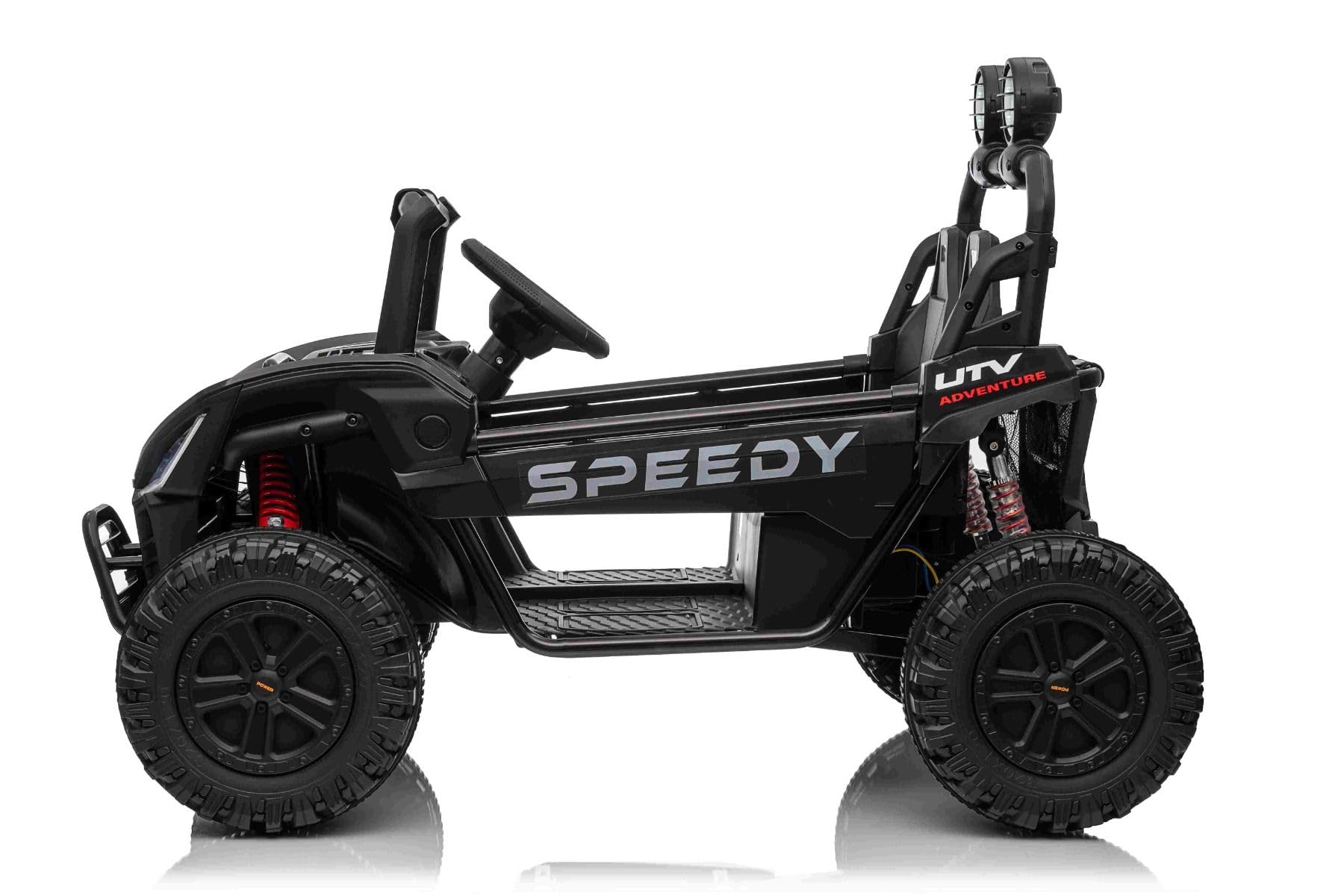 Elektryczny samochód dla dzieci T-Rex Ride 4x4, dwumiejscowy, 24V, czarny, odtwarzacz MP3 z wejściem USB/AUX, skrzynia biegów 4x4, bateria litowa, zawieszenie, pilot zdalnego sterowania, reflektory