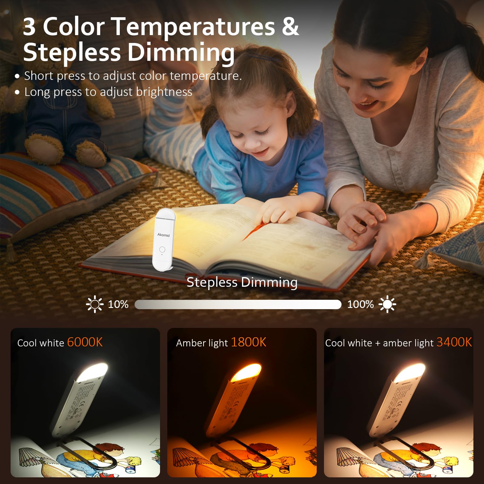Akomid Lampada da lettura ricaricabile tramite USB, luce ambrata per gli occhi, luce da libro per leggere a letto per bambini, segnalibro a 8 LED, luce portatile a clip, oscuramento continuo, bianco