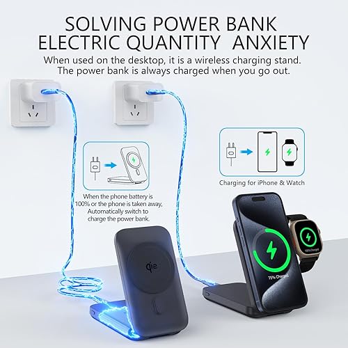 Miniatura 7 de QI2 Certificado 15W plegable 3 en 1 para Apple carga magnética Treasure Soporte de carga inalámbrica para iPhone15 pro Ultra S8 (negro) 10000mAh