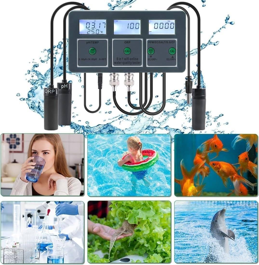 WiFi Smart Water Quality Monitor - pH, EC, TDS, Salt, S.G, CF, ORP & Temp with Backlight Display for Aquarium, Pool, Fish Tank & Water Lab - Accurate & Reliable Testing
