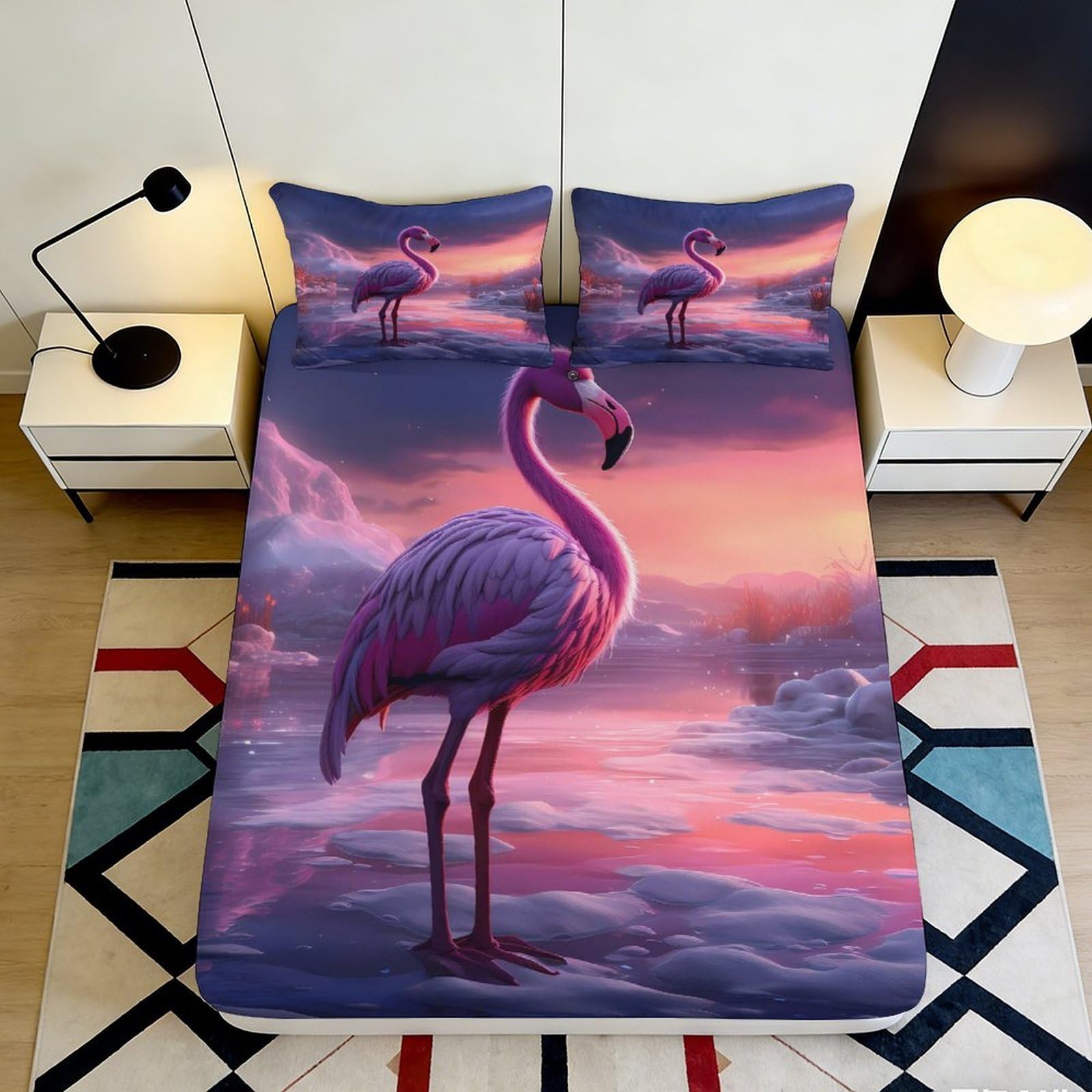3D Printed Flamingo Sunset Fitted Sheet Microfiber Soft Breathable Lake View Mattress Cover Bedroom Decor 160x200x25cm
