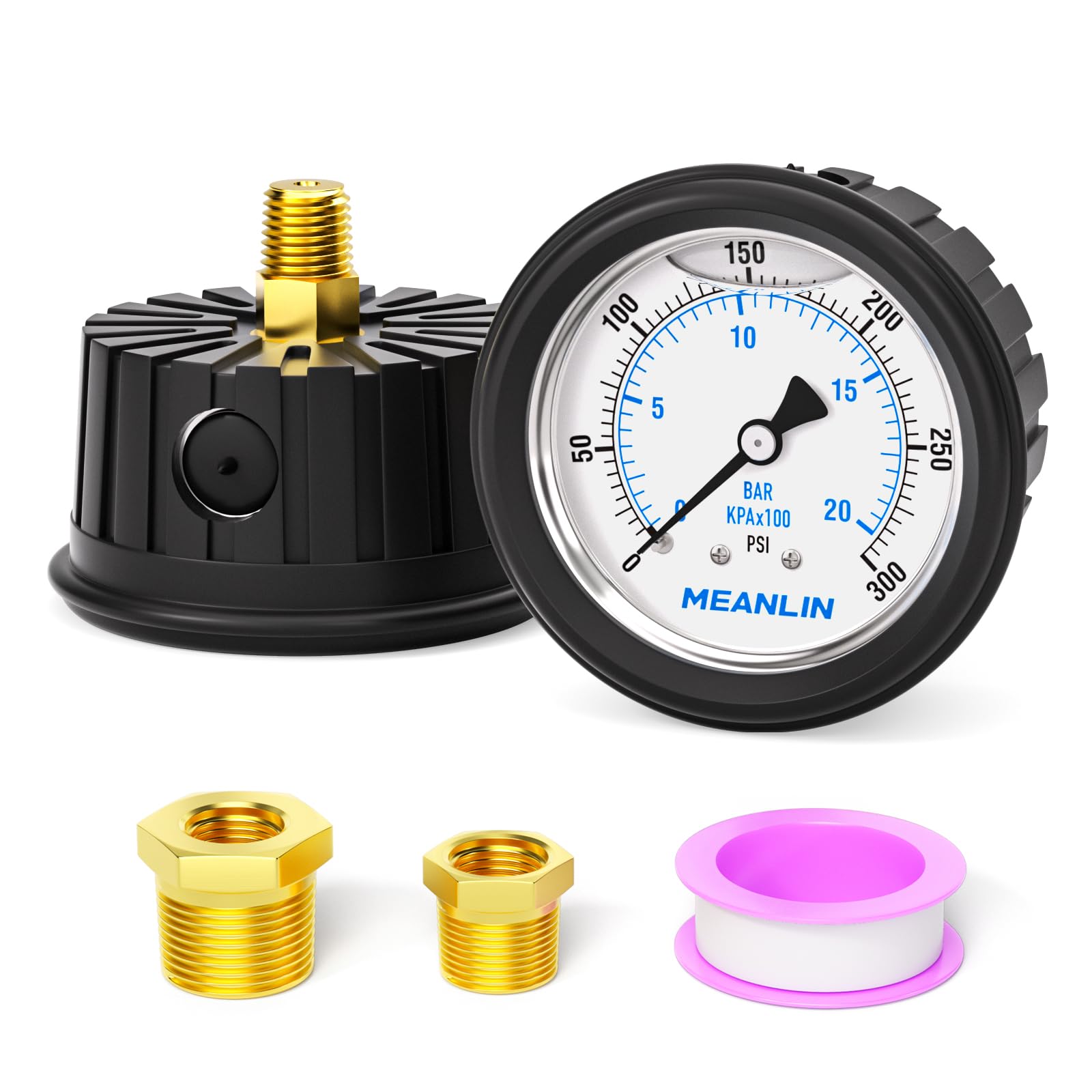 MEANLIN MEASURE 0~300Psi Stainless Steel 1/4" NPT 2.5" FACE DIAL,Liquid Filled Pressure Gauge, Center Back Mount (with Rubber Protective Sleeve), with