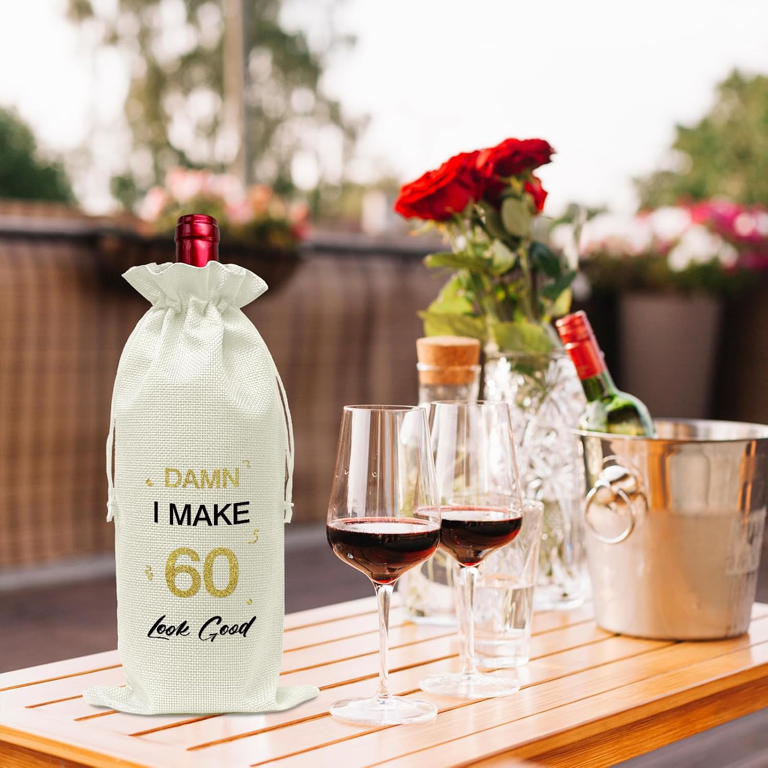 60th Birthday Wine Bag for Men Women, Damn I Make 60 Look Good Birthday Party Decorations Wine Bottle Bag, Burlap Wine Gift Bag image 5
