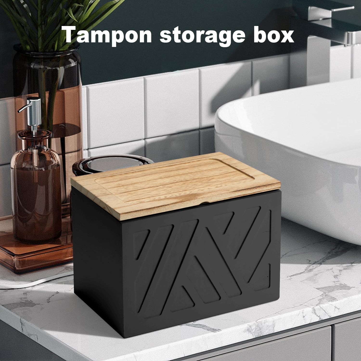 Tampon Holder for Bathroom, Feminine Product Organizer, Pad Organize Case with Lid, Shark Week Wooden Tampon Storage Decor, Lady Girl Stuff Box for Toilet Bathroom Accessories- Black