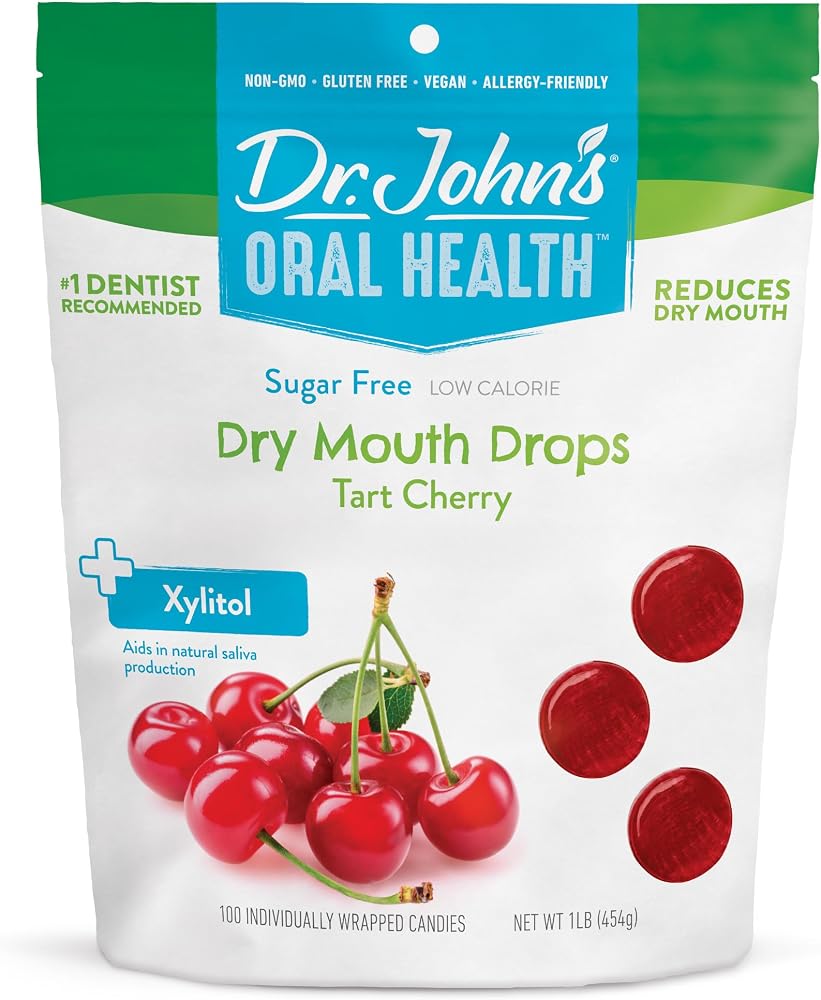 Dr. John's Candies Tart Cherry Dry Mouth Drops with Zero Sugar, Dye Free, Plant Based, Keto Friendly, 100 Count, 1 LB Bag