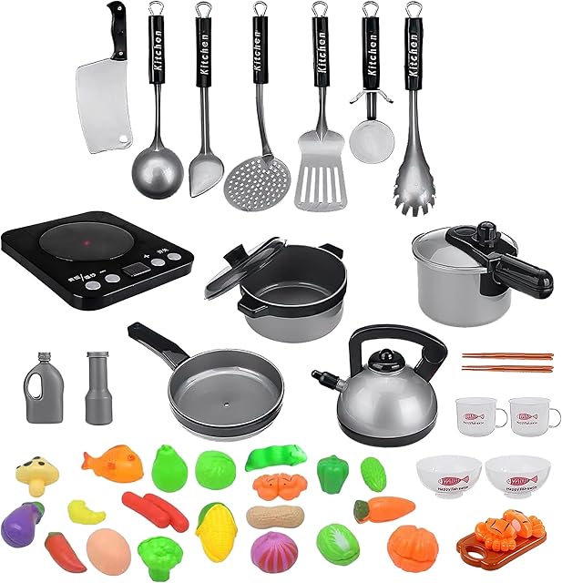 koolbitz 60 Pieces Kitchen Set Pretend Play Food Playset Cooking Set Fake Food Fruit Vegetable Kitchen Accessories, Kids Toddlers Toys Role Play, kitchen & food toys