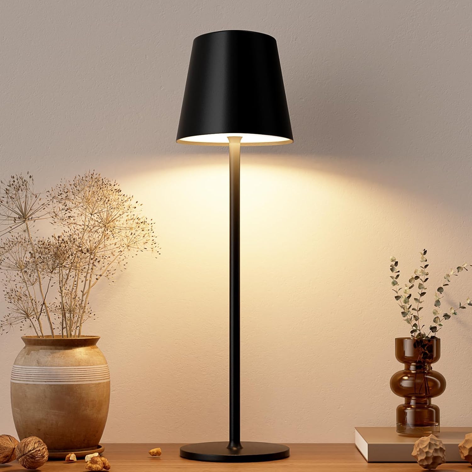 FORTUQO Black Modern Table Lamp with Fabric Shade Rechargeable Cordless LED Bedside Lamp for Bedroom, Living Room & Study Adjustable Brightness Portable Desk & Home Décor Lighting