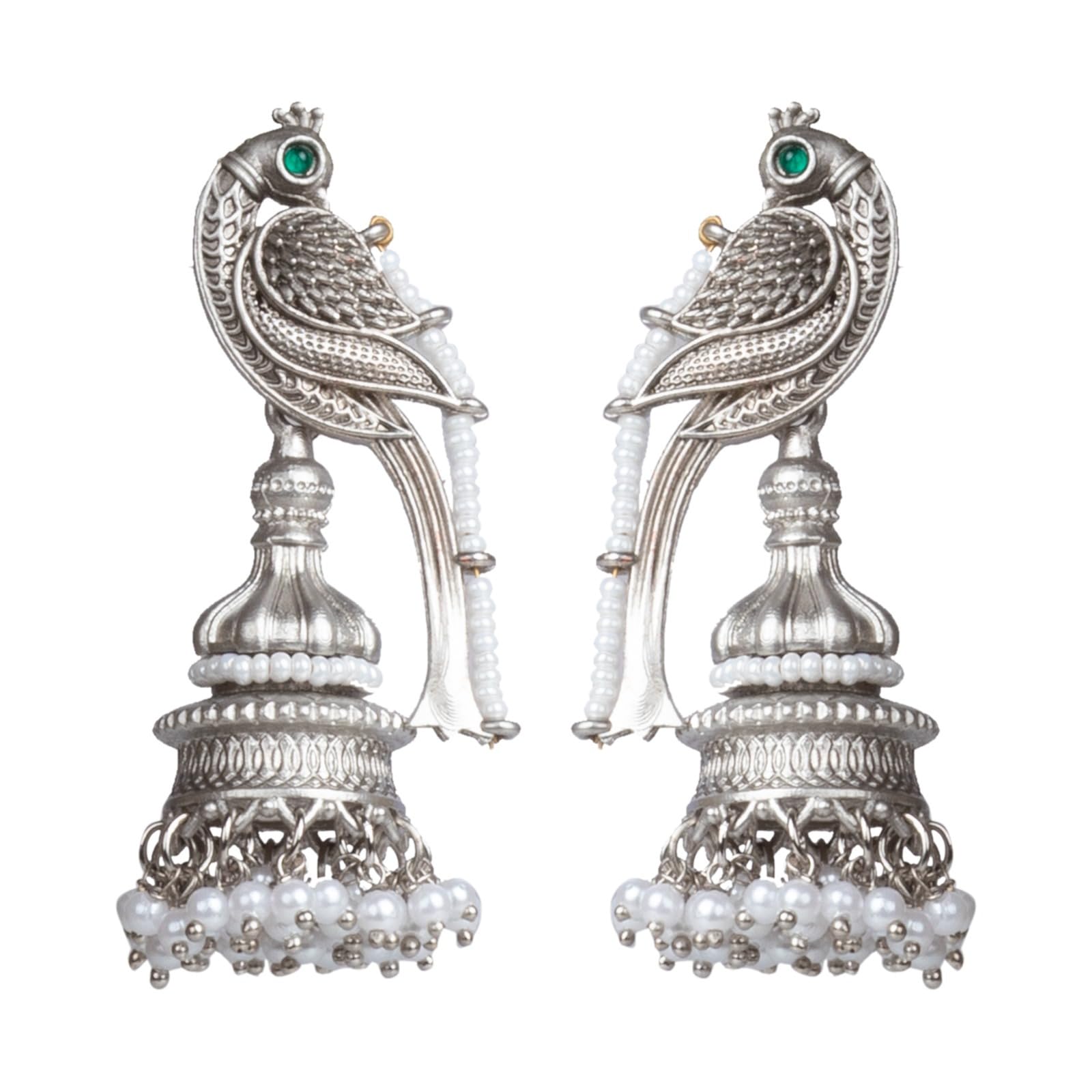 Vintage Indian Bird Dangle Earrings, Silver Plated Jhumki with Peacock Top and Colored Stones, White Beads (B0D11Y3WWX) Amazon Price History, Amazon Price Tracker