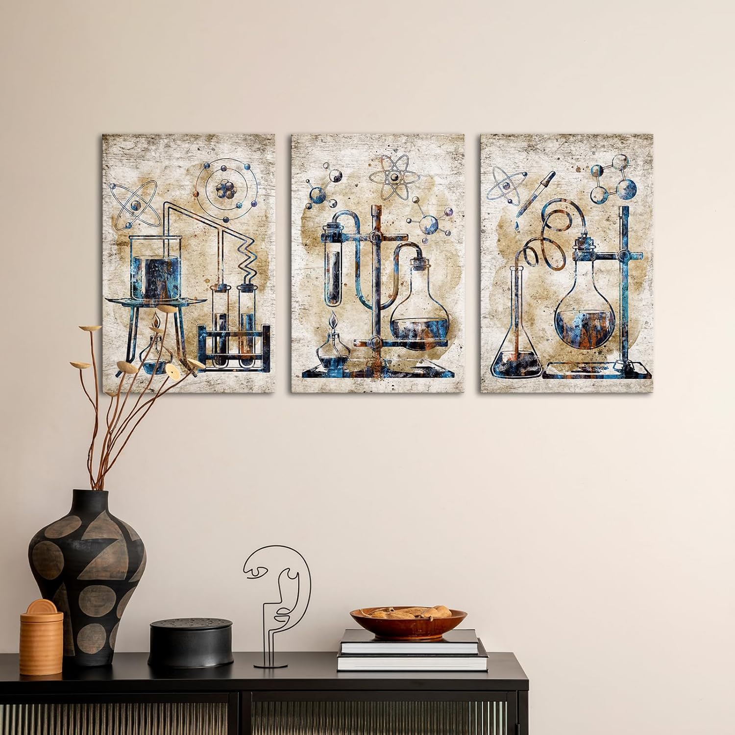 KREATIVE ARTS Vintage Industrial Science Wall Art Set of 3 Canvas Prints Each Panel 16x24 Chemistry Laboratory Equipment Artwork Rustic Design Classroom Decor Ready to Hang