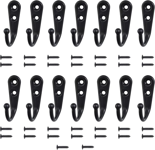 14 PCS Wall Mounted Hooks Coat Hooks with 30 PCS Screws Retro Door Robe Hook for Hanging Towel Clothes Hat Key Cup Single Metal Hook Black Cloth Hanger for Hanging in Bedroom Bathroom Kitchen Cupboard