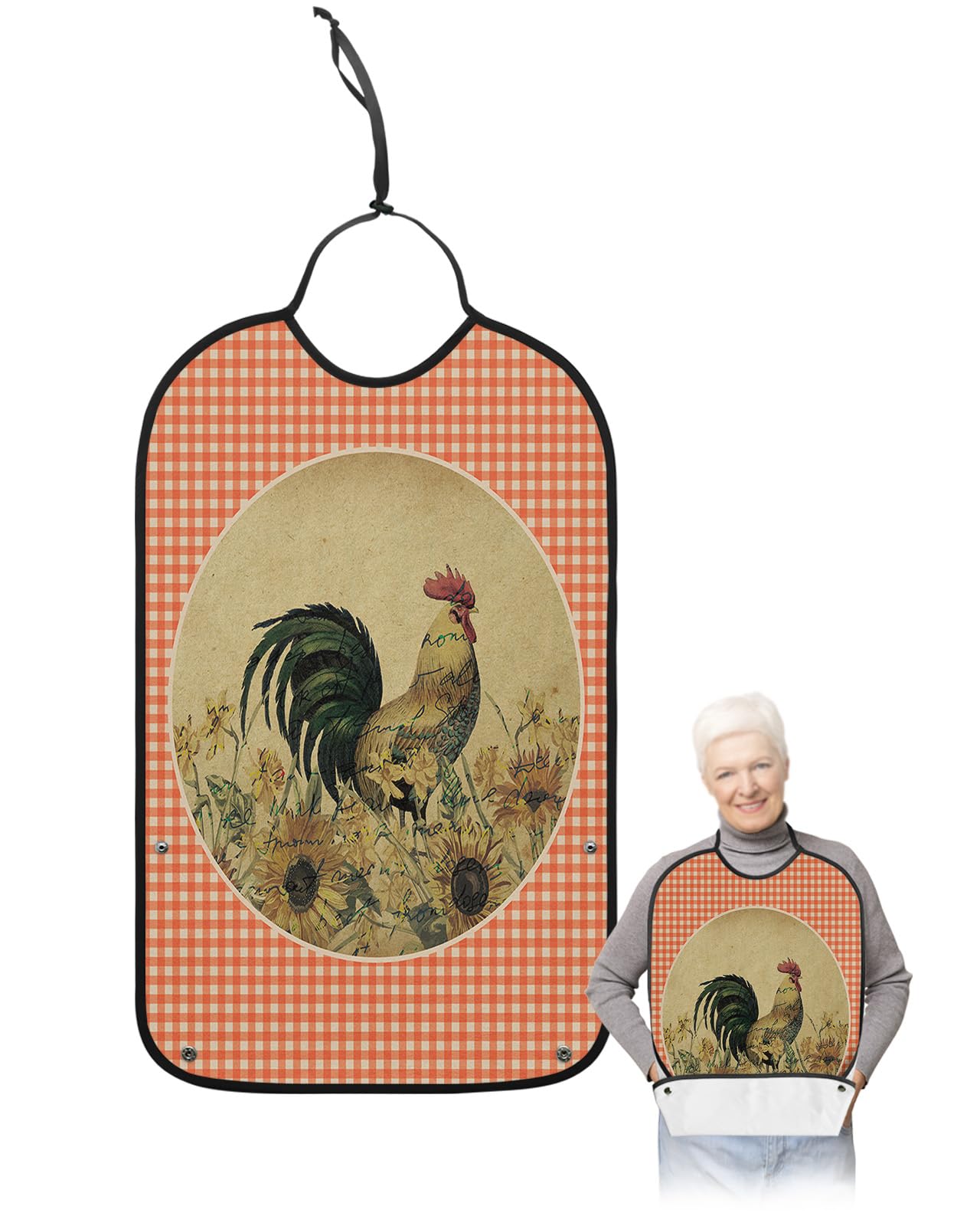 Farmhouse Rooster Adult Bibs for Eating, Waterproof Bibs with Food Catcher & Adjustable Snap Closure, Rustic Orange Plaid Sunflower Washable Clothing Protectors Adult Bibs for Elderly Women/Men