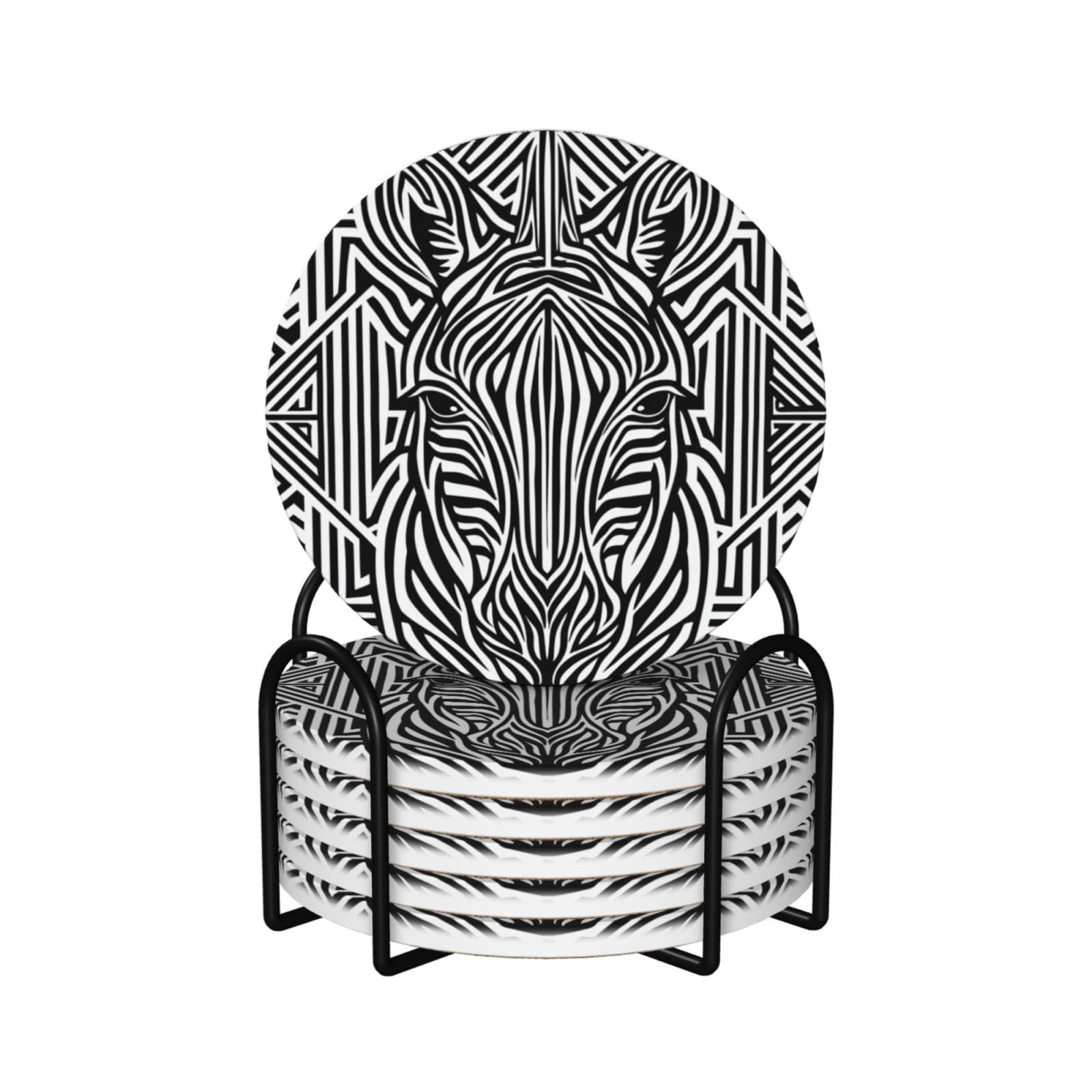 Zebra Line Art Ceramic Coasters with Holder 6ps
