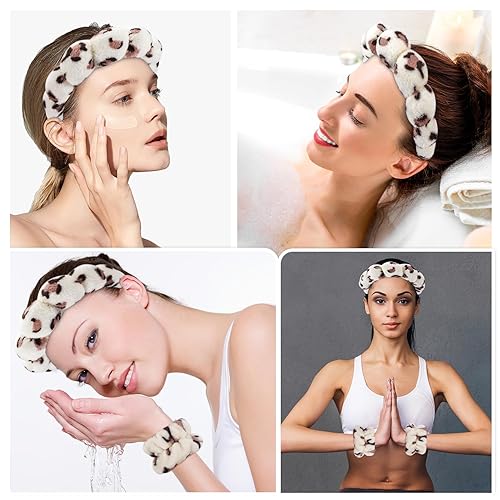 Miniatura 4 de Zkptops Diadema de spa para lavar la cara, juego de muñequera de esponja, maquillaje, cuidado de la piel, muñequera de felpa con burbujas para el
