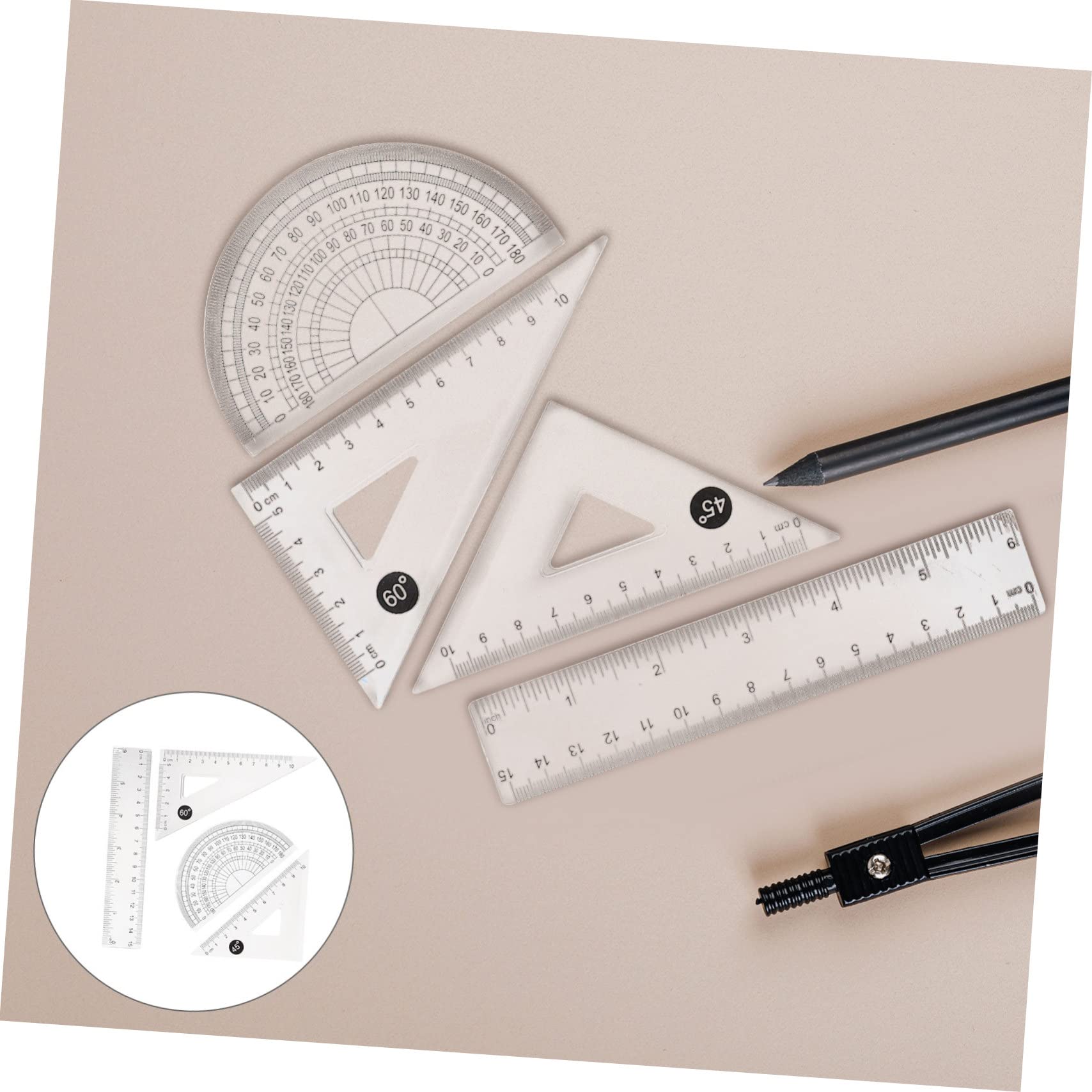 20 Set Righello trasparente da 15 cm righello curvo righello di matematica multi - Righello ergonomico righello triangolare goniometro per la geometria plastica Transparent