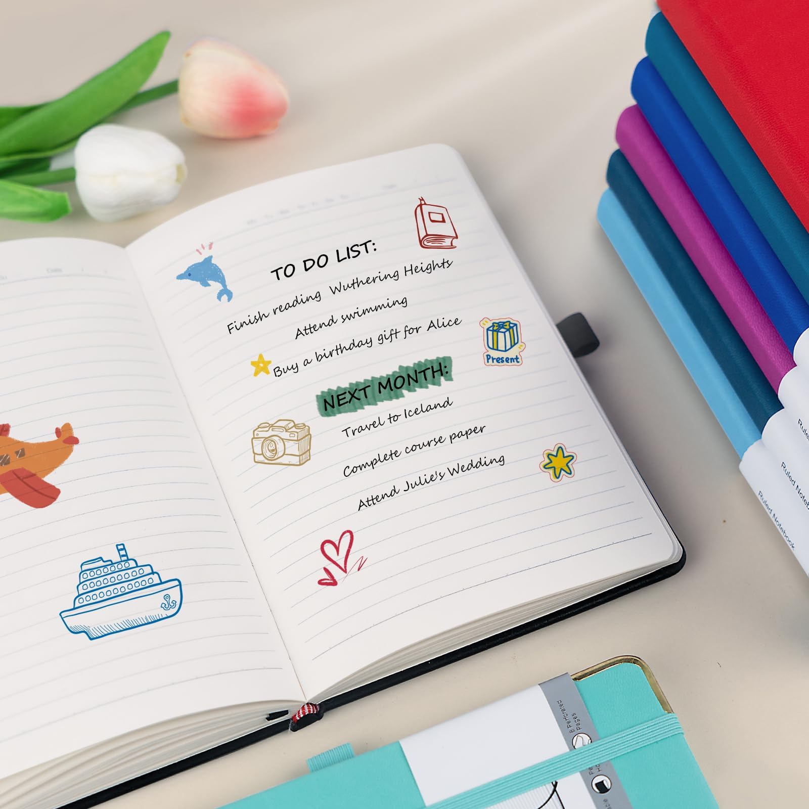 ONAVIA A5 liniertes Tagebuch, 100 g/m² dickes Papier, 8 Stück, Hardcover-Tagebuch, Notizbücher zum Schreiben, Arbeit, Reisen, Schule, College, linierte Tagebücher für Damen und Herren, PU-Leder,