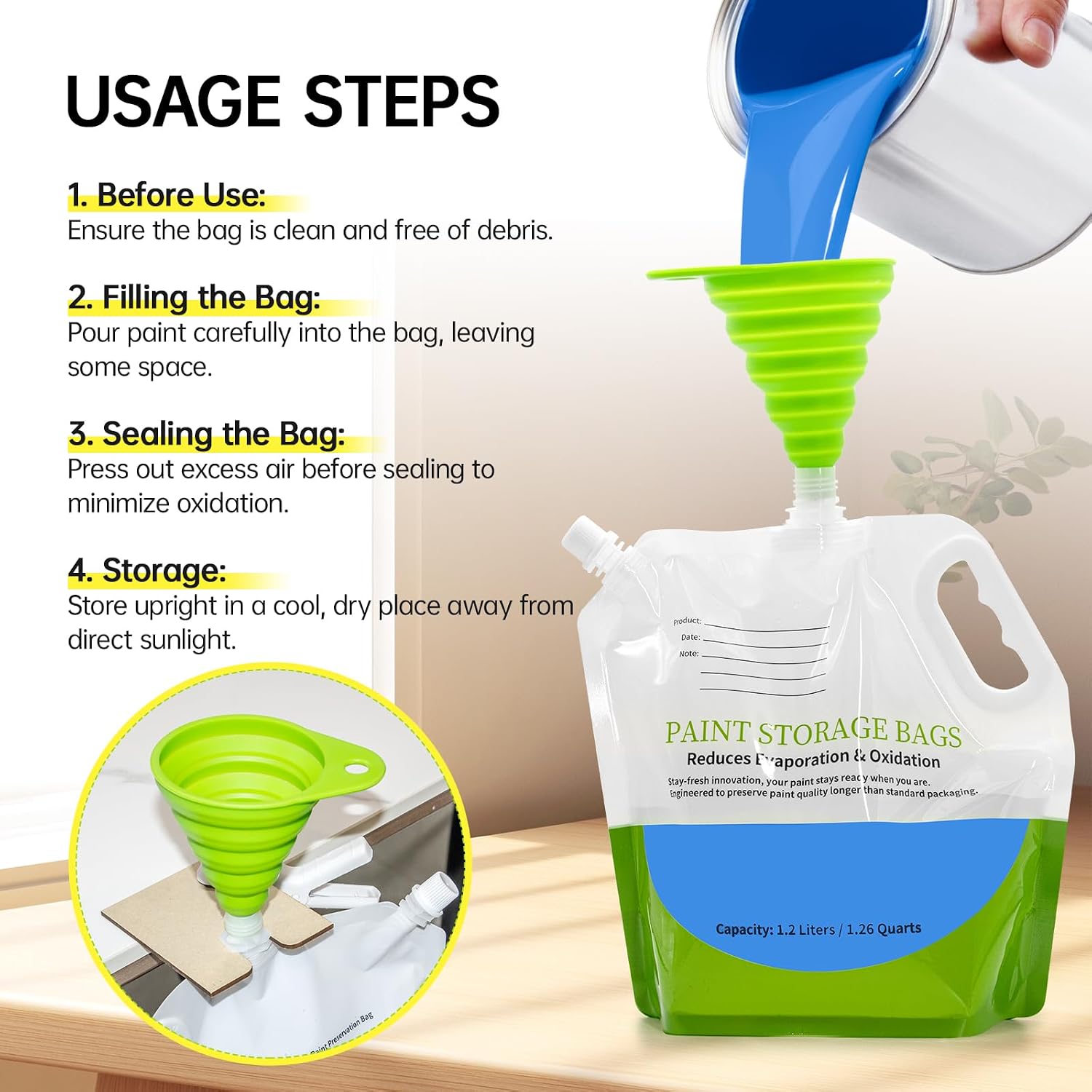 4 Pcs Paint Storage Pack Bags, 1.2L Reusable Paint Saver Bags with Funnel for Leftover Water Based Paint, Airtight Pouches for Easy Mixing & Dispensing for Home DIY Professional Painters
