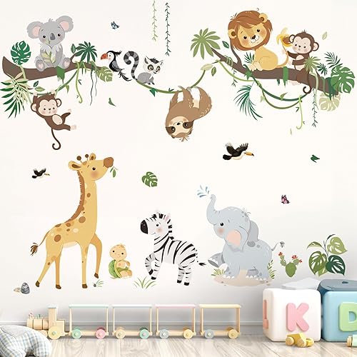 Miniatura 3 de decalmile Calcomanías de pared de animales de la selva, ramas de árbol, safari, mono, jirafa, león, pegatinas de pared, guardería, habitación de