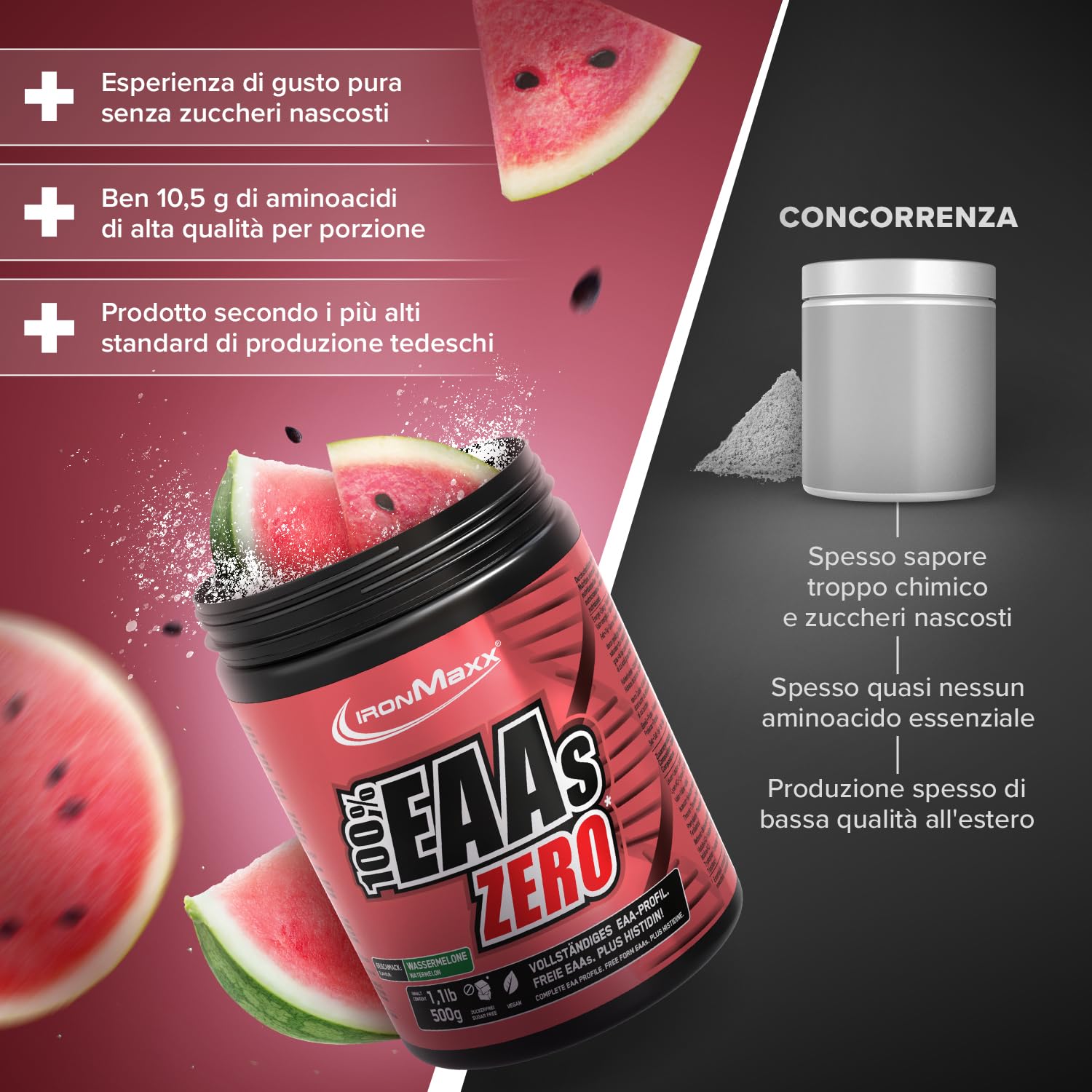 IronMaxx 100% Percento EAAs ZERO Aminoacidi in polvere- integratore a base degli 8 aminoacidi essenziali con alto contenuto di BCAA- vegano- senza zuccheri- gusto: anguria- alta dose- 500g