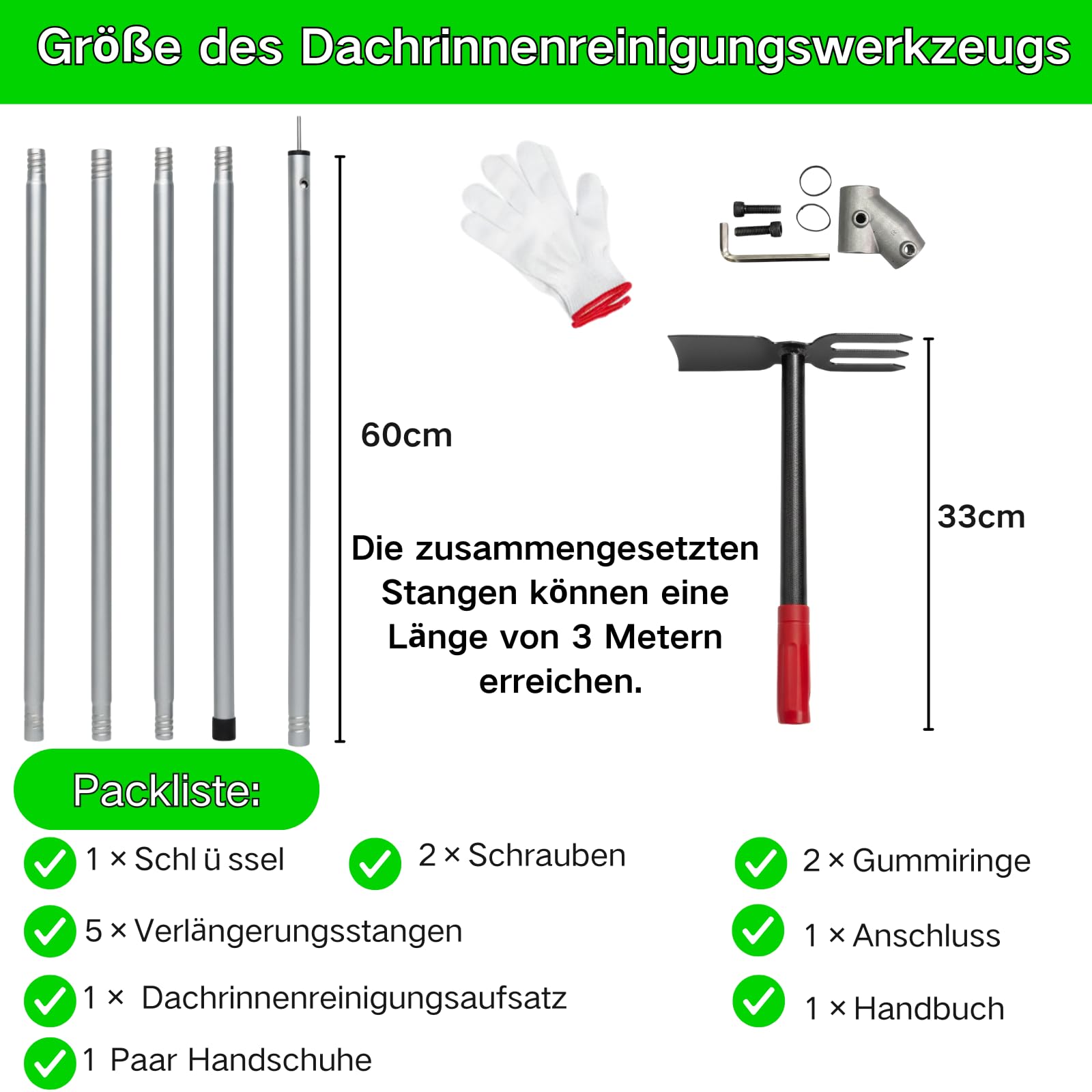 BeGrit Dachrinnenreiniger Dachrinnen Reiniger 3m Ausziehbar Teleskopstiel mit Dachrinnenschaufel entfernt Schmutz & Laub keine Leiter benötigt für Gartengräben Haus und Außenreinigung