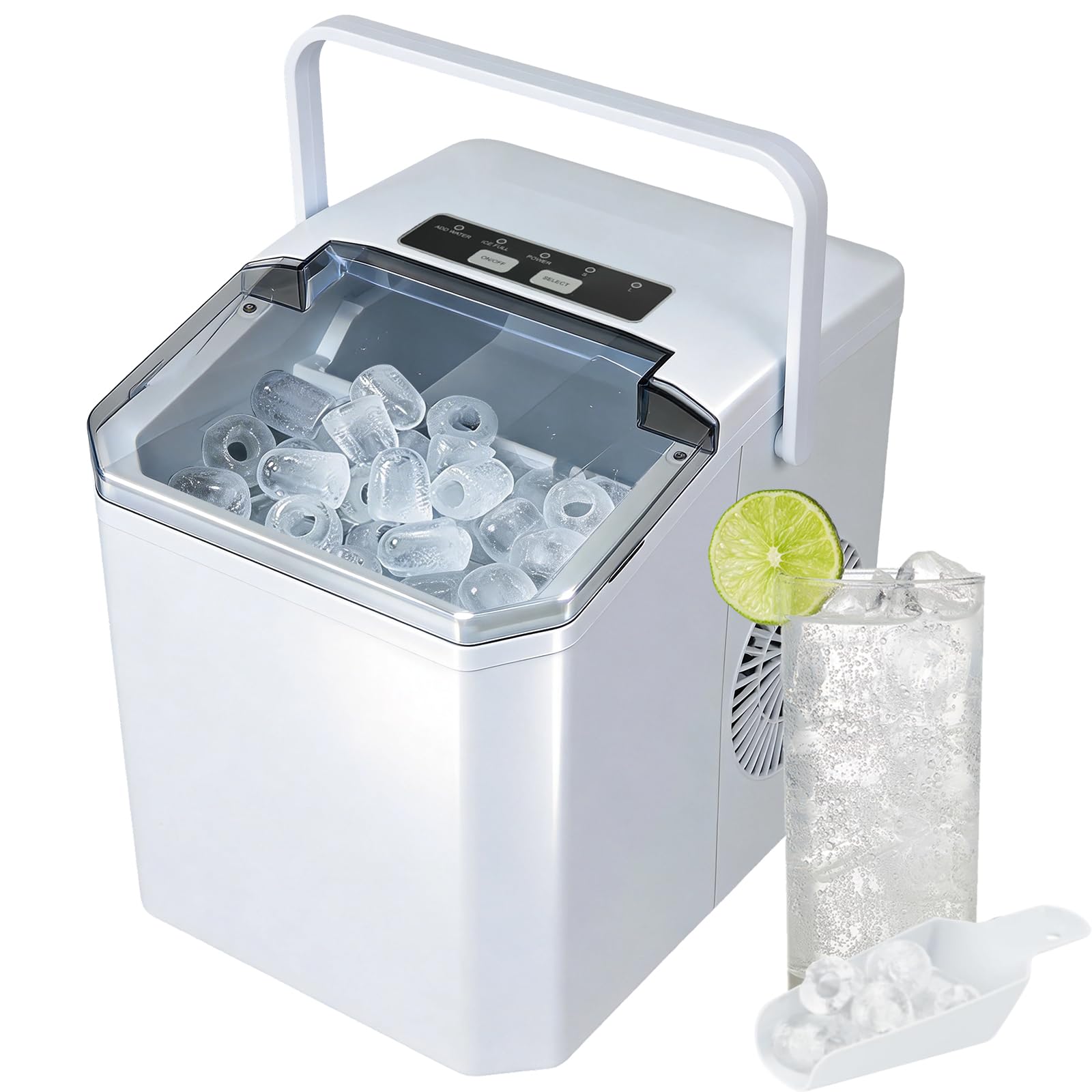 Ice Maker Machine Portable Countertop 2 Bullet Ice Sizes Cubes in 6 Minutes 14KG in 24H with Scoop Basket Self-Cleaning for Home Kitchen Office Party Bar RV (White)