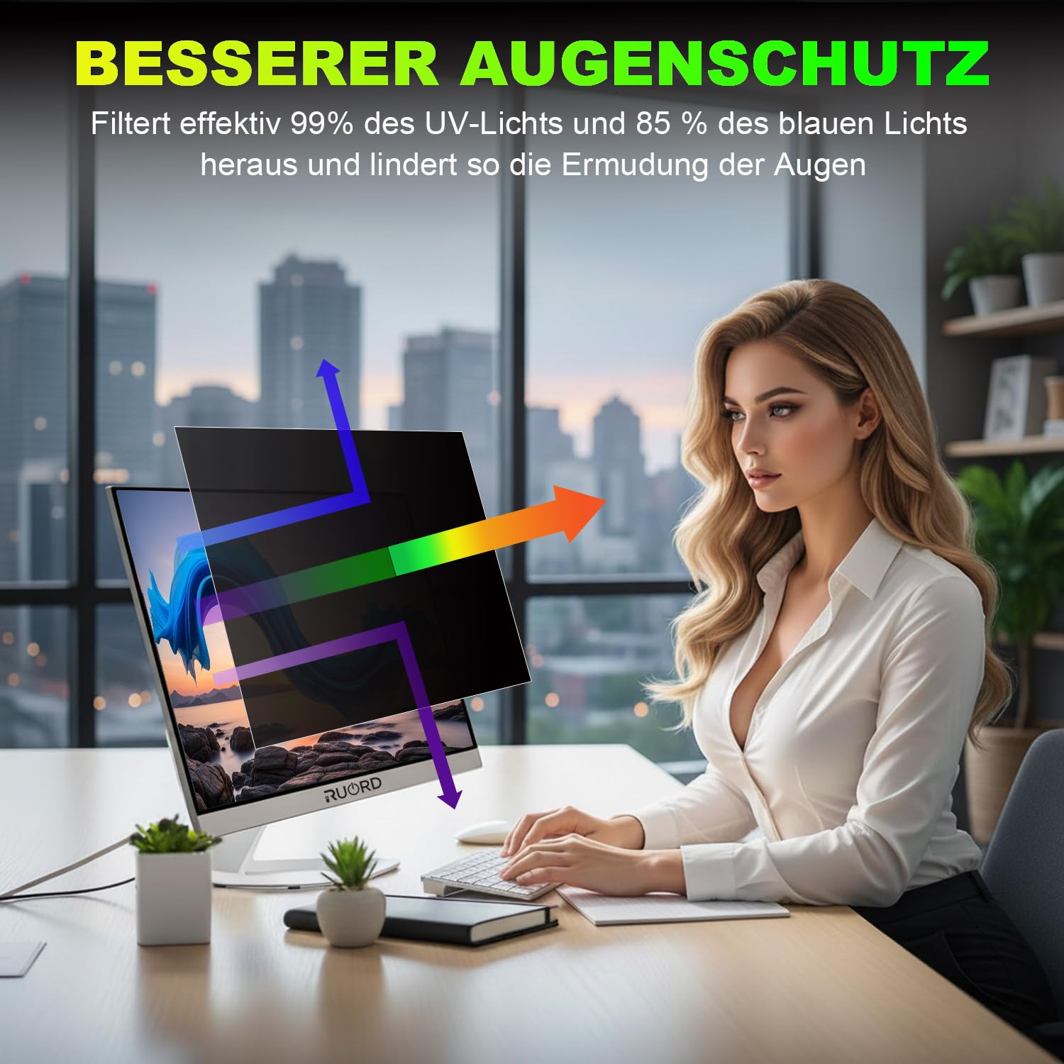 Sichtschutzfolie für 24 Zoll 16:9 (53.2x29.9cm) Monitor - Blaulichtfilter & Blendschutz, Abnehmbar Blickschutzfolie | PC Blickschutzfilter für Büro