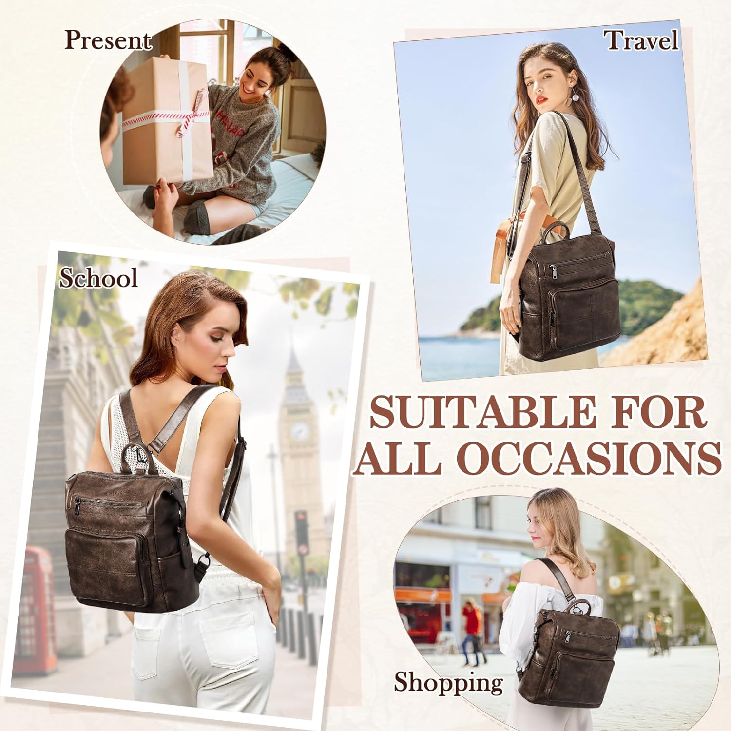 VASCHY Backpack Purse for Women,Vegan Fashion Leather Medium Convertible Ladies Backpack Shoulder Bag for Travel/Work/Diaper Coffee - Image 7