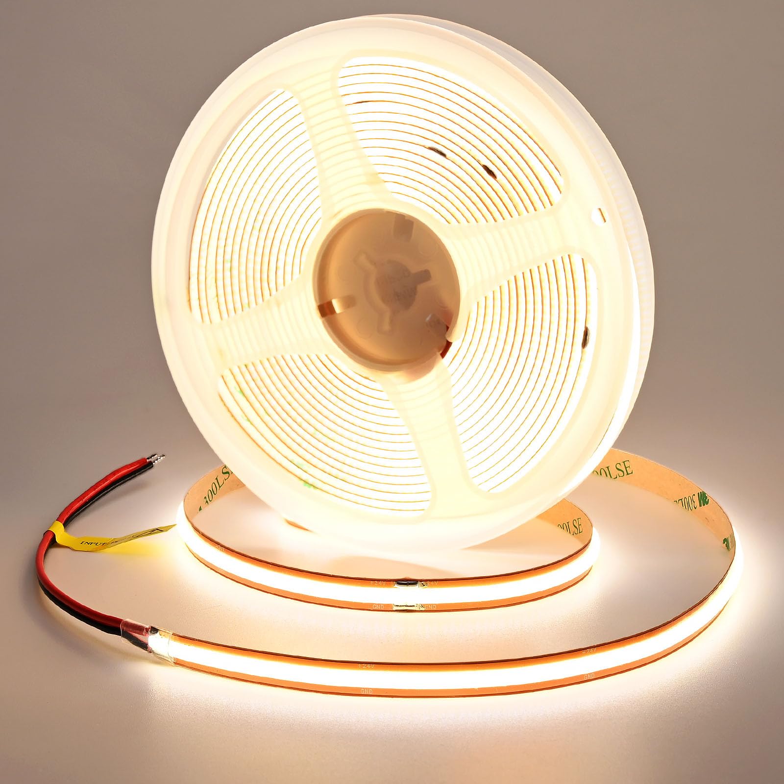 GOMING 24V COB LED Strip Light Natural White 4000K Cut at Will 528LEDs/M 5M CRI 93+ 4600lm 13W/M Uniform Glow Dotless IP20 Not Waterproof LED Tape Lights for DIY Cabinets Home Decor(No Power Supply)