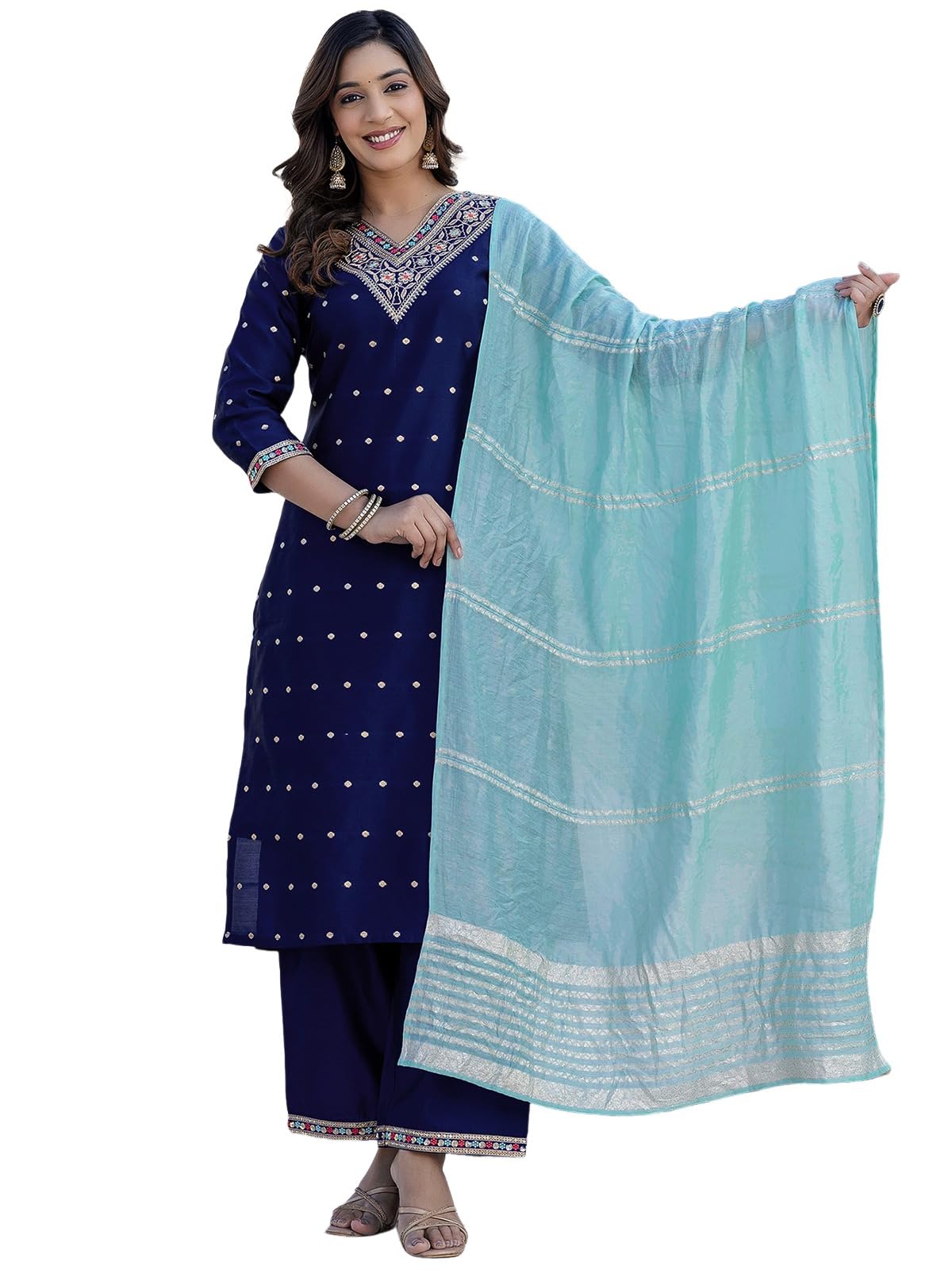 Sanisa Women's Tafetta Embroidery And Sequins Work & Weaving Straight Kurta With Pant And Dupatta Set (204Kbd2167N-Xxl_Navy Blue)