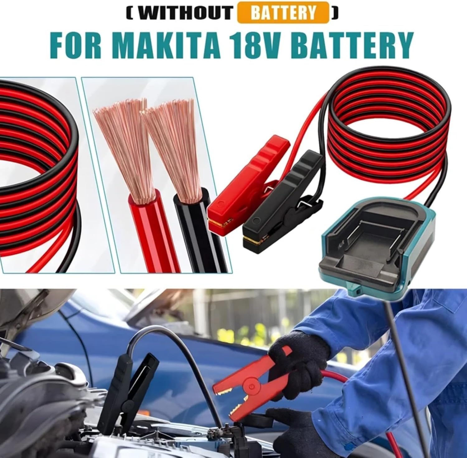 Jumper Cables with Adapter for Makita 18V Batteries Jump Starter Automotive Booster Cables 5.91Ft 12AWG Power Tool Line for Jump Starting Car Using Tool Battery (Batteries not Included)