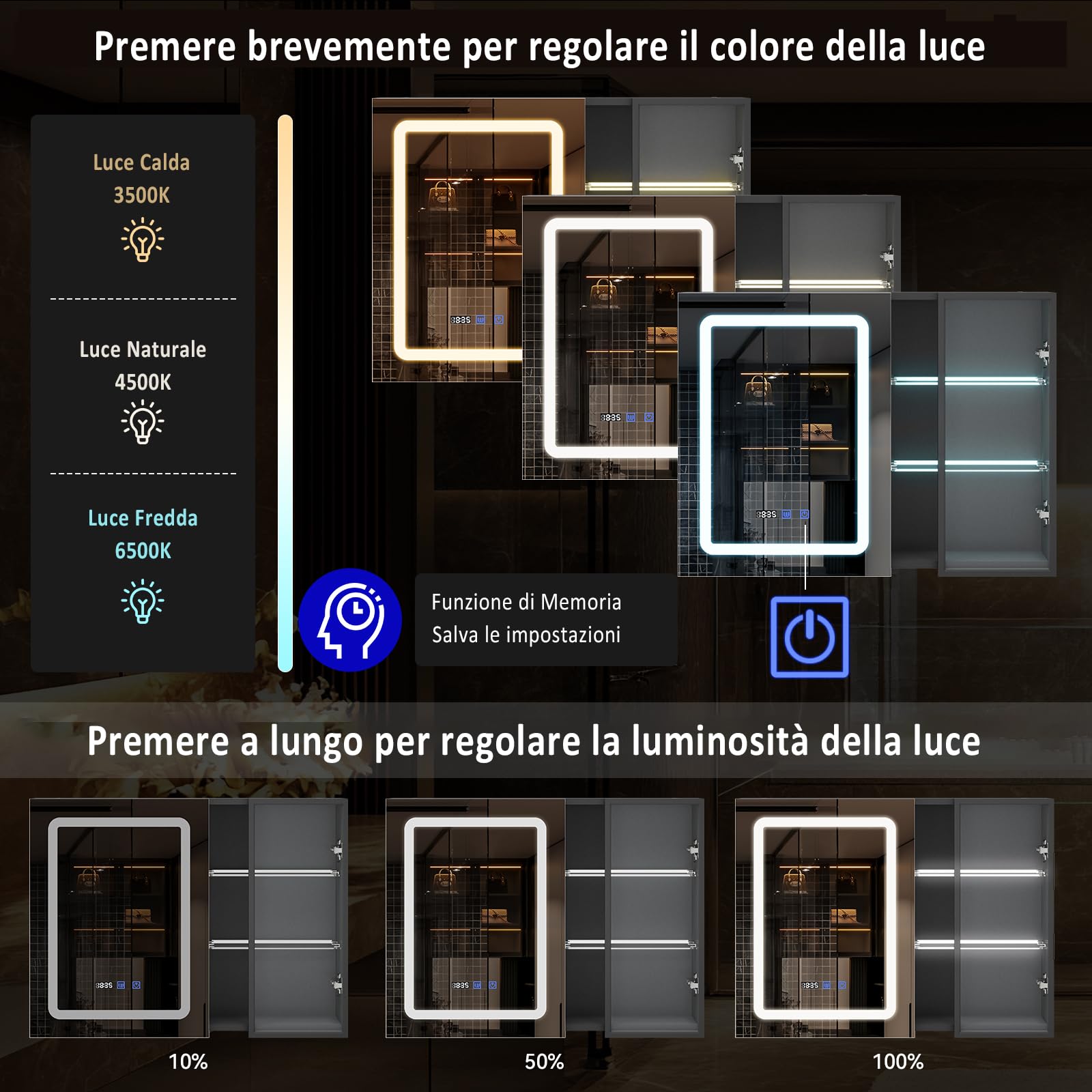 YU YUSING Specchio Contenitore Bagno con Luce 80x15x60 cm, Mobile Bagno con Specchio, Armadietto Bagno Sospeso, Specchiera bagno, 2 Ripiani Illuminati Aperti, Anta in Vetro, 3 Modalità di Luce, Nero