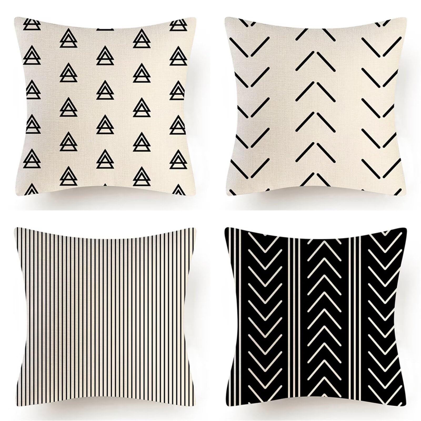 Juego de 4 Impermeable Funda de Cojín Geometría Negra,65x65cm Moderno Suave Transpirables Lino Fundas de Almohada Cojines Decorativos con Cremallera Oculta para Exterior Sofá Cama Coche Hogar